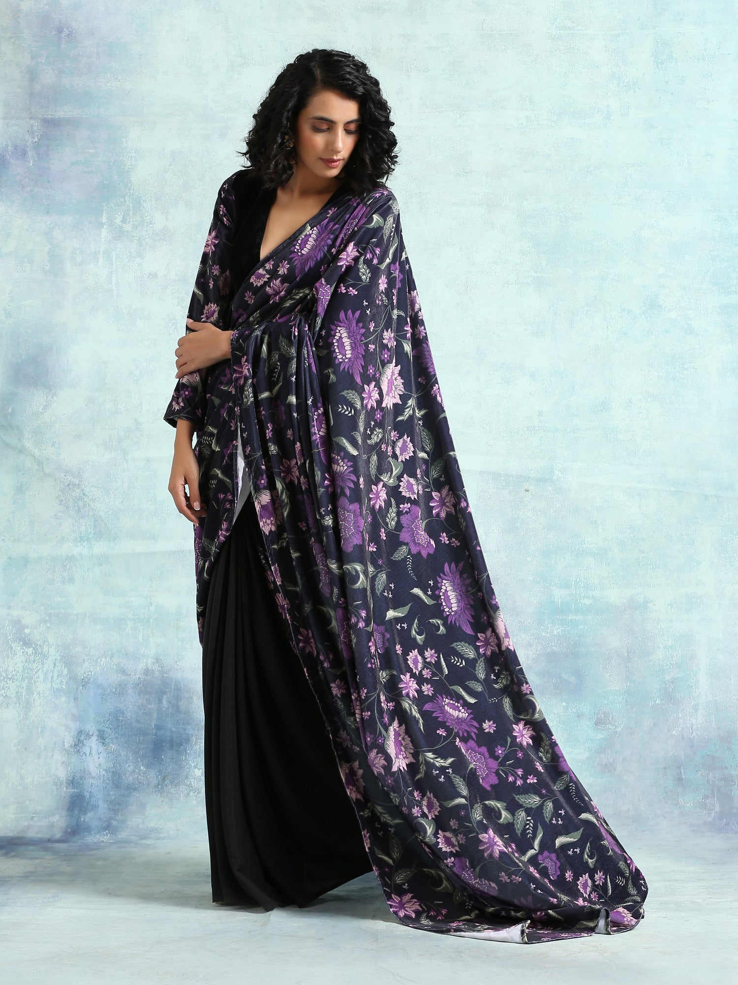 Black Printed Velvet Ready To Wear Saree