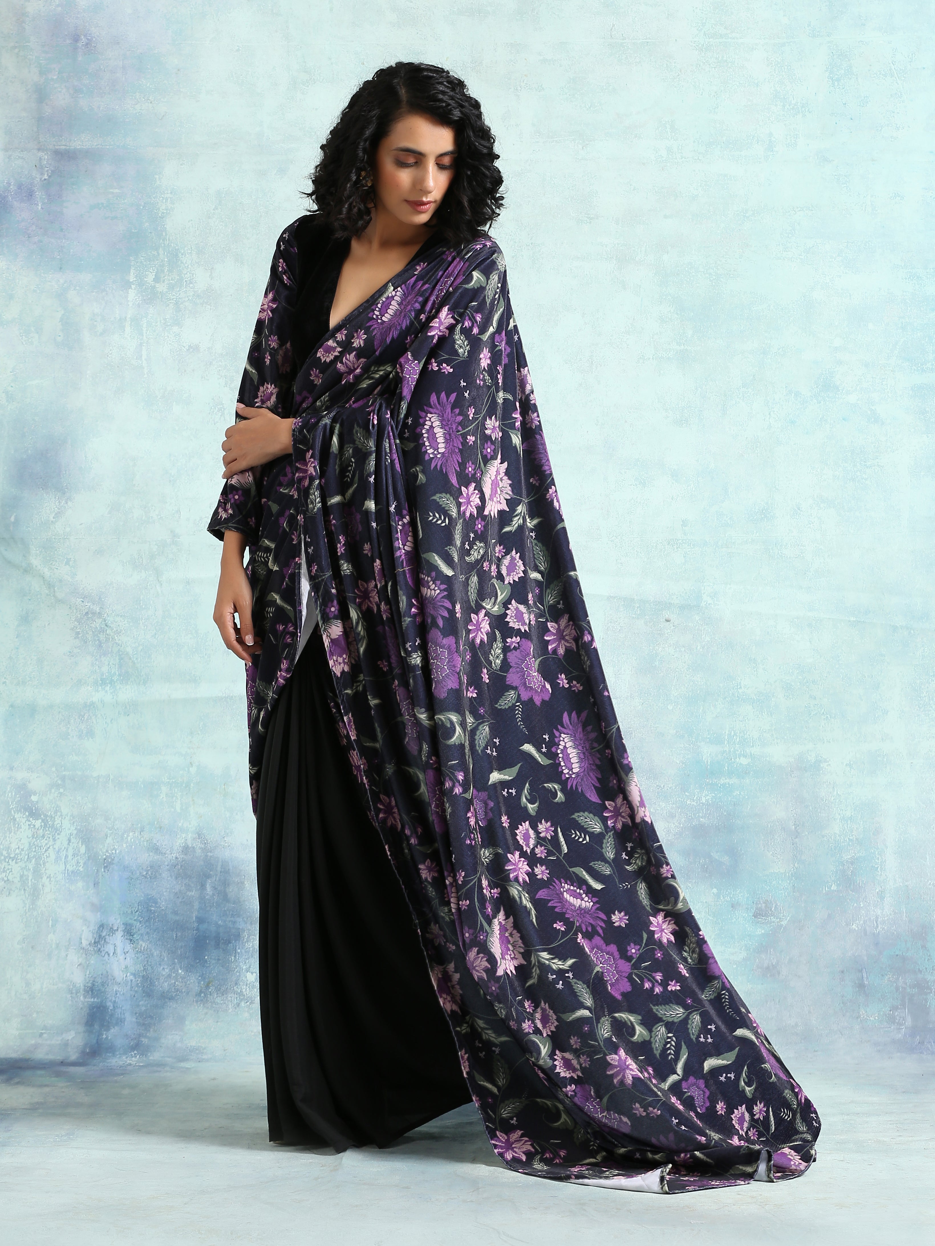 Black Printed Velvet Ready To Wear Saree
