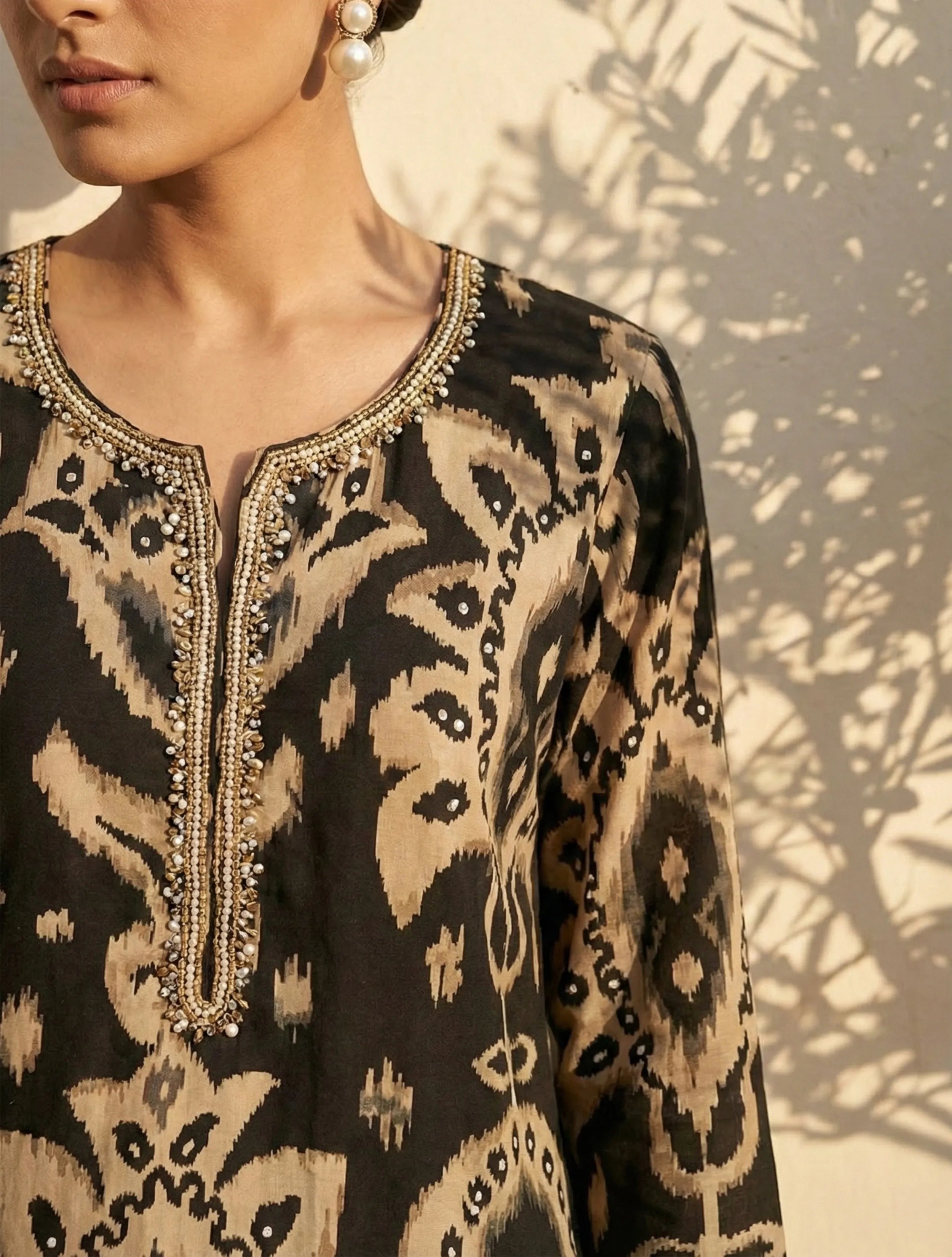 trueBrowns Black Print Embroidered Round Neck Kurta Pant Dupatta Set