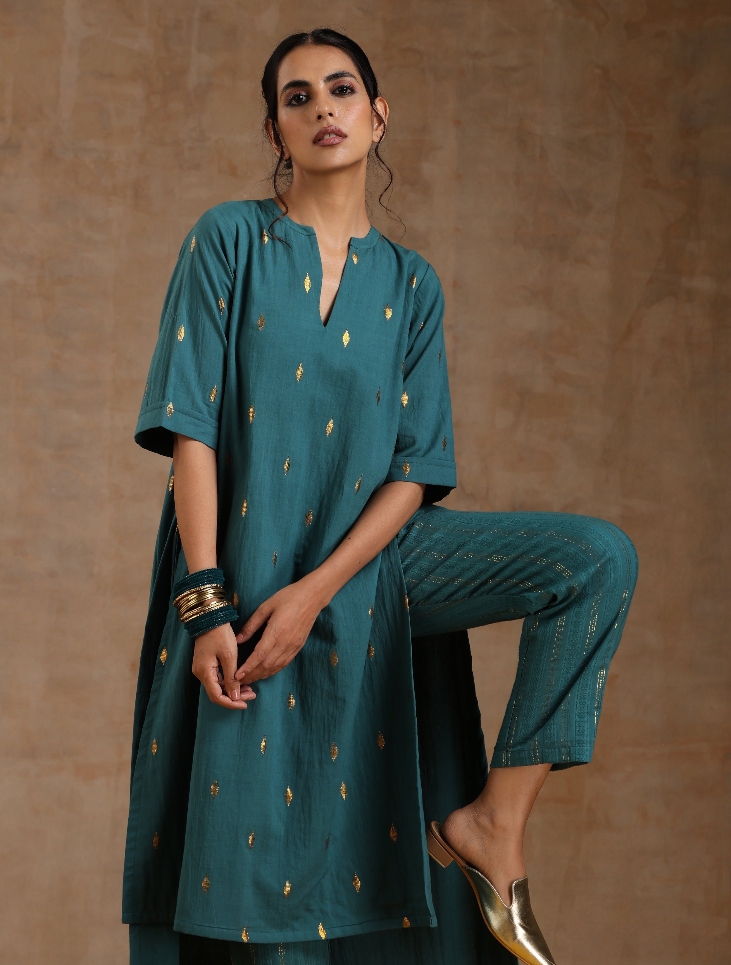 Deep Sea Gold Cotton Relaxed High-Low Kurta Set