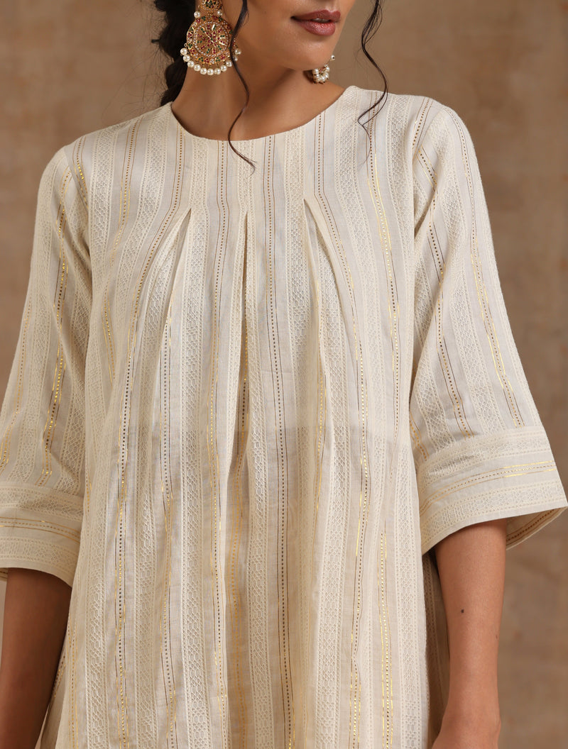 Ivory Gold Cotton Neck Pleat Kurta Set