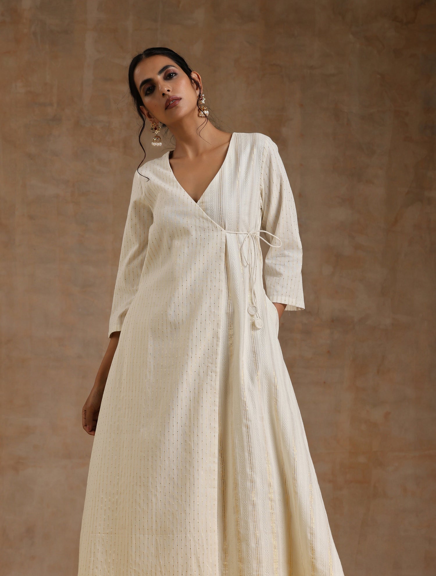 Ivory Gold Cotton Angrakha Kurta Set