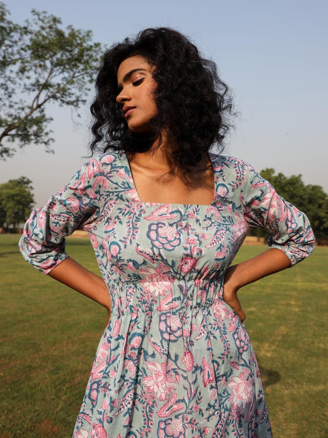 Powder Blue Cotton Block Print Square Neck Dress - trueBrowns