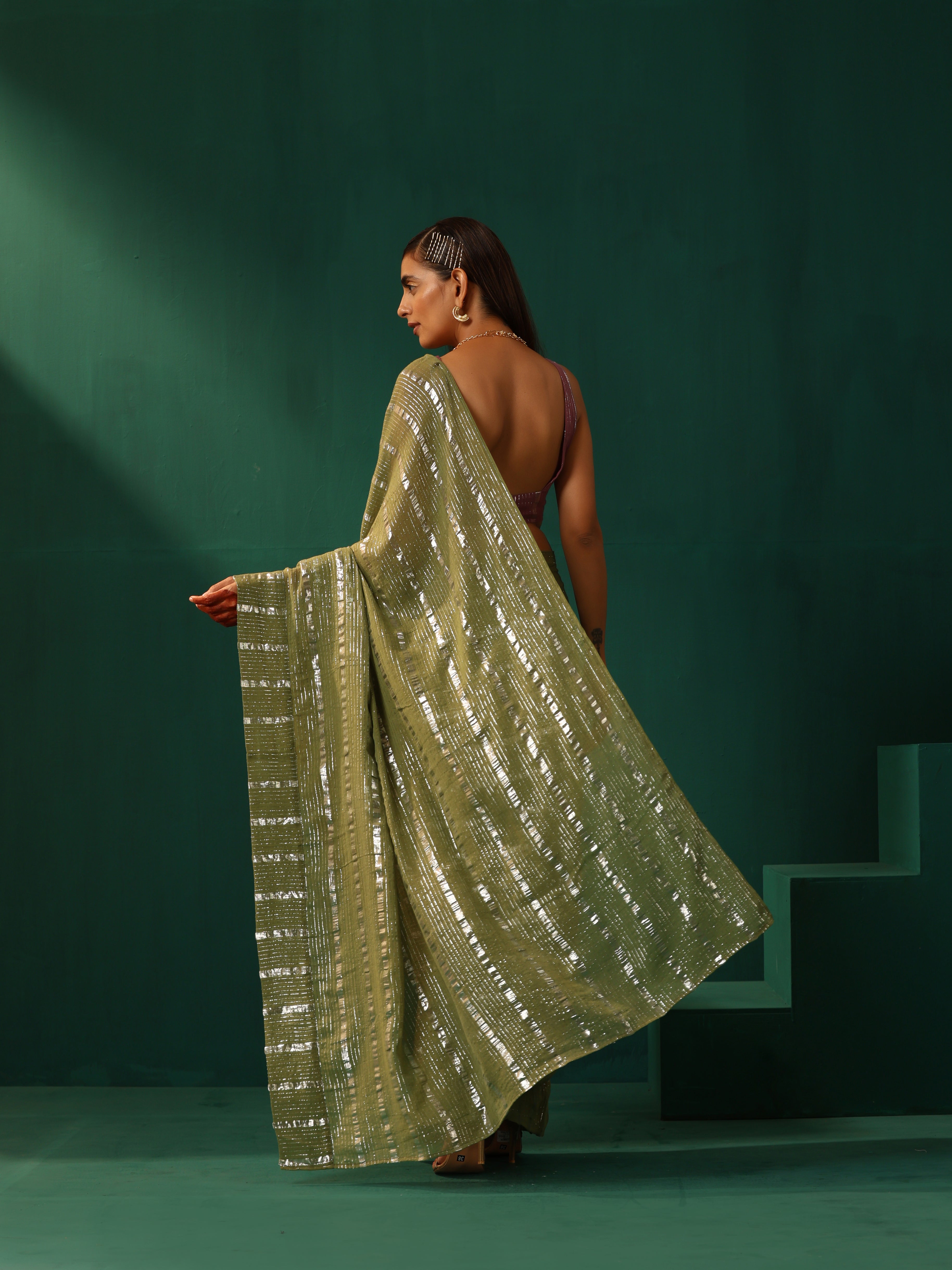 trueBrowns Sage Green Cotton Silver Striped Ready To Wear Saree
