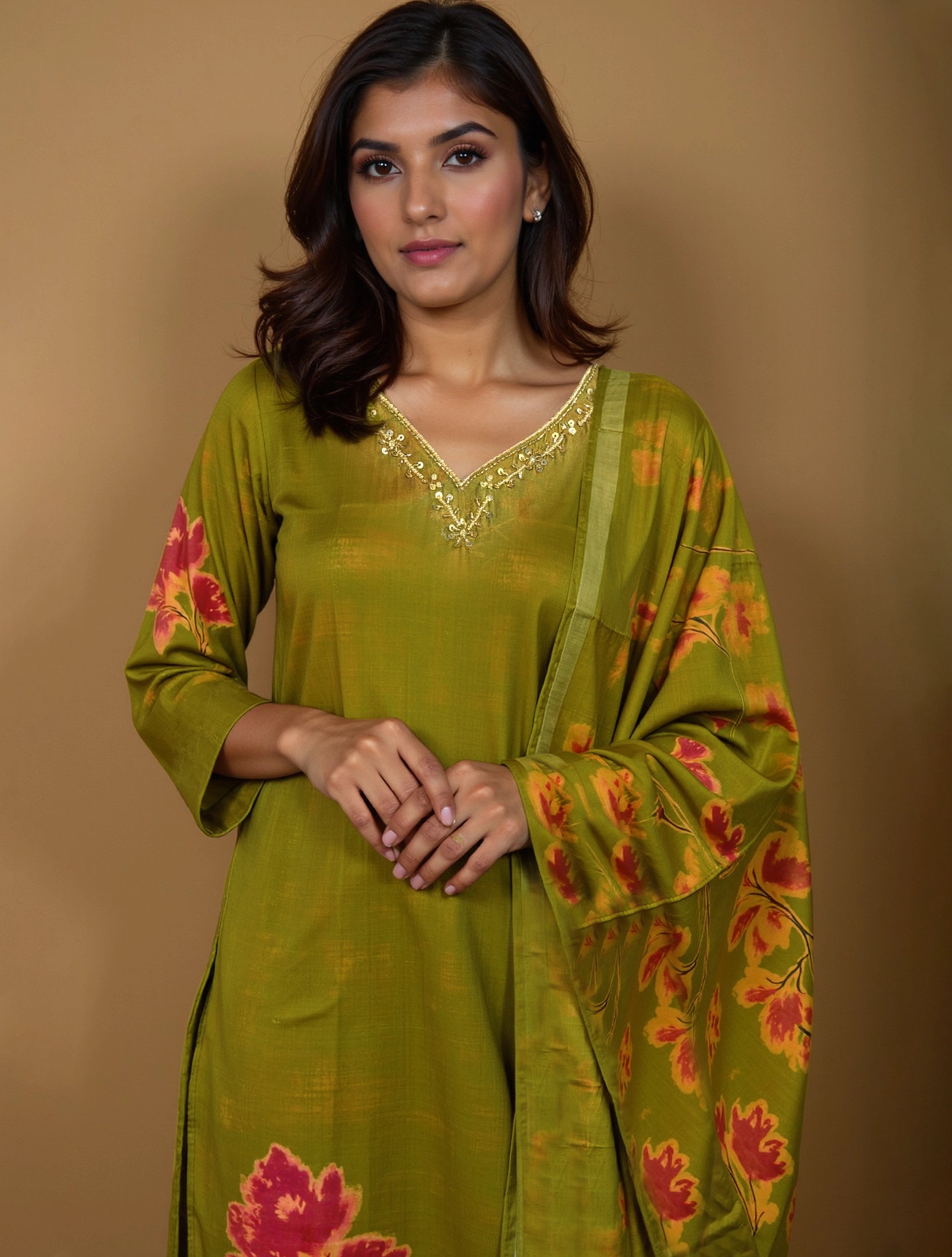 trueBrowns Green Floral Print Kurta Pant Dupatta Set