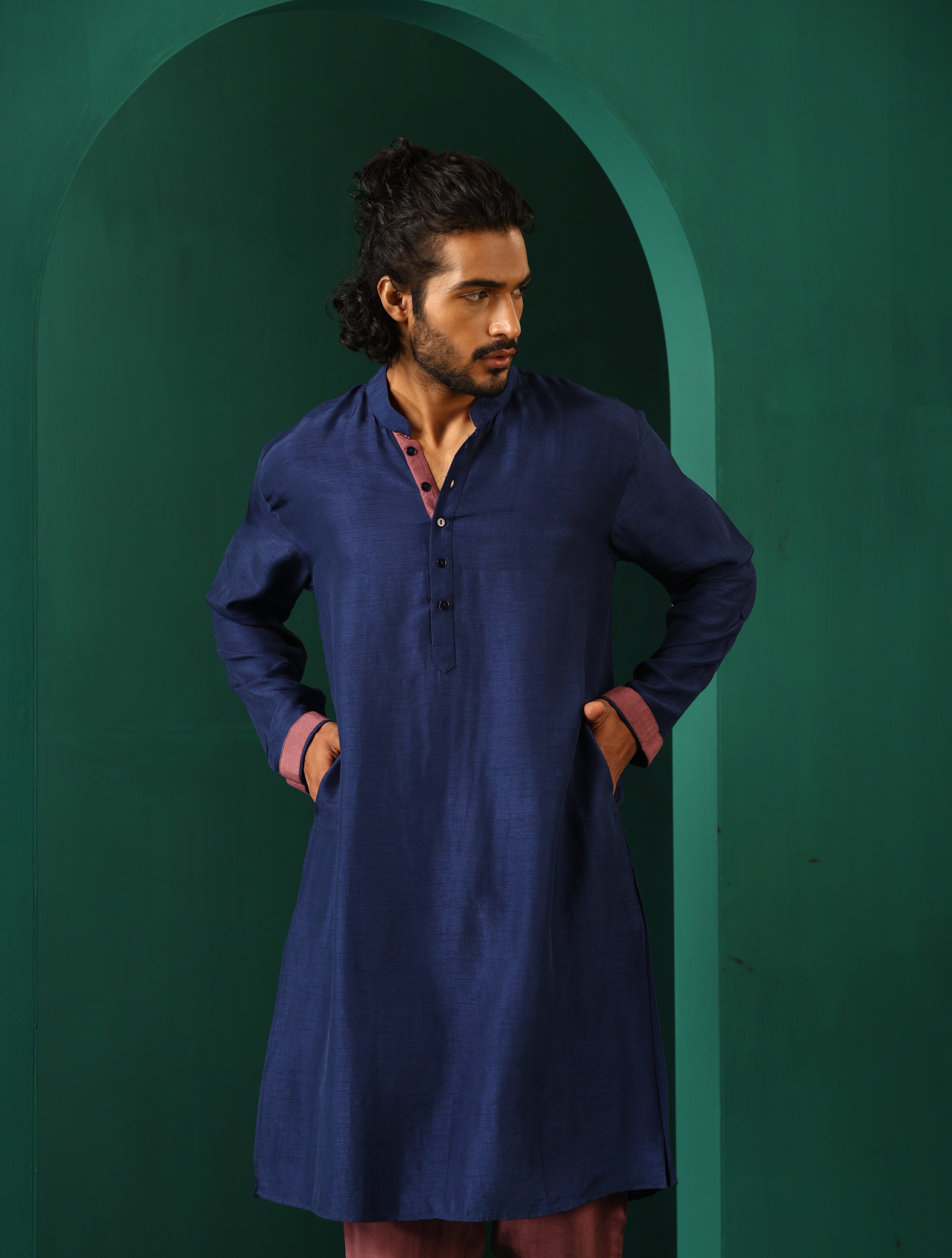 trueBrowns Men Blue Silk Long Kurta