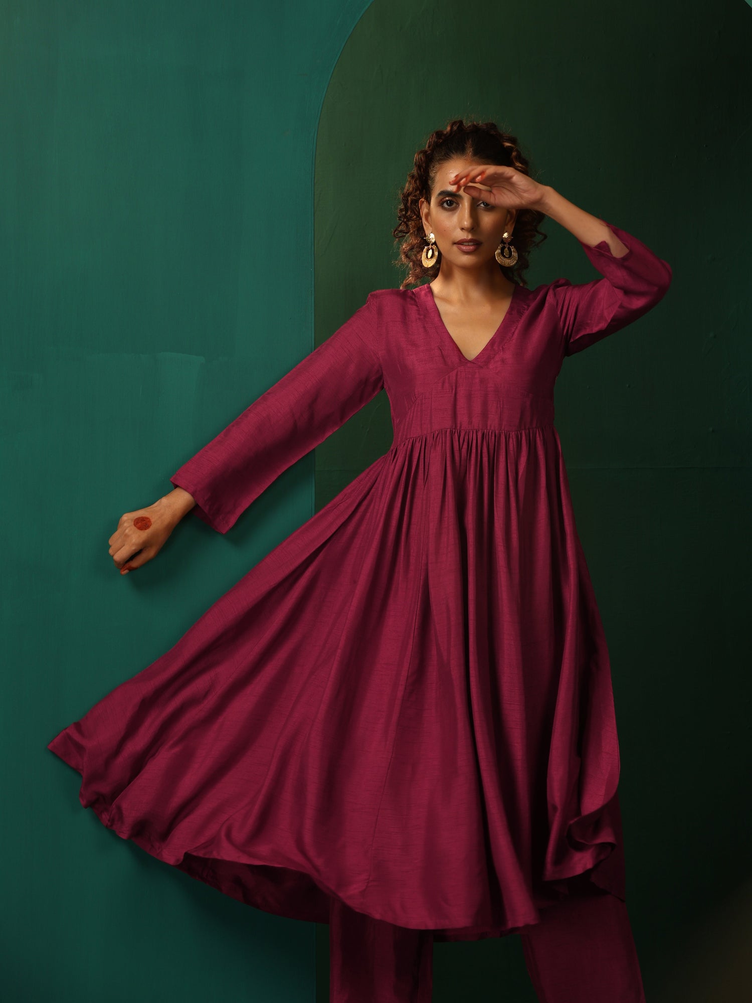 trueBrowns Maroon Silk Angrakha Kurta Pant Set