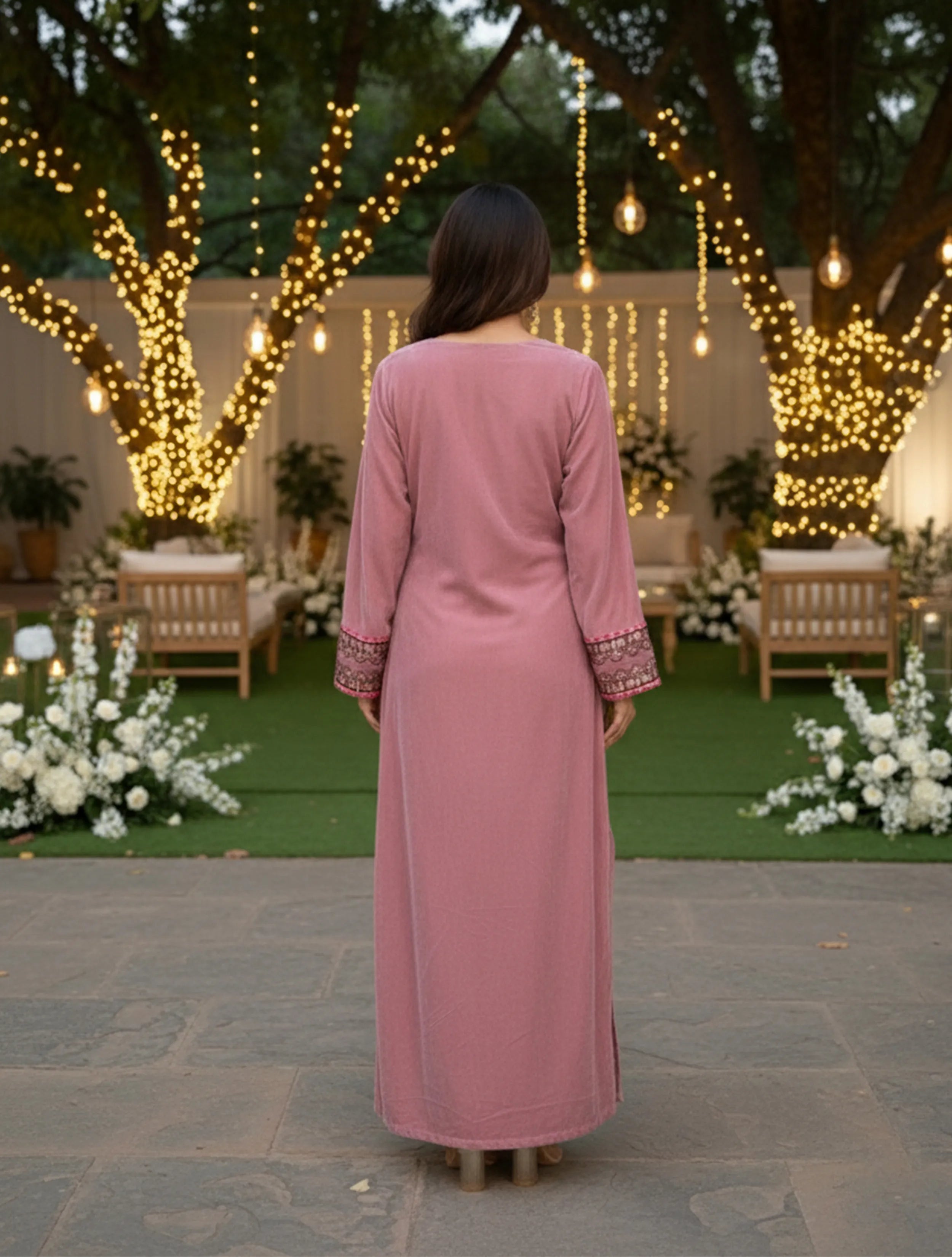 trueBrowns Pink Glass Neck Velvet Dress