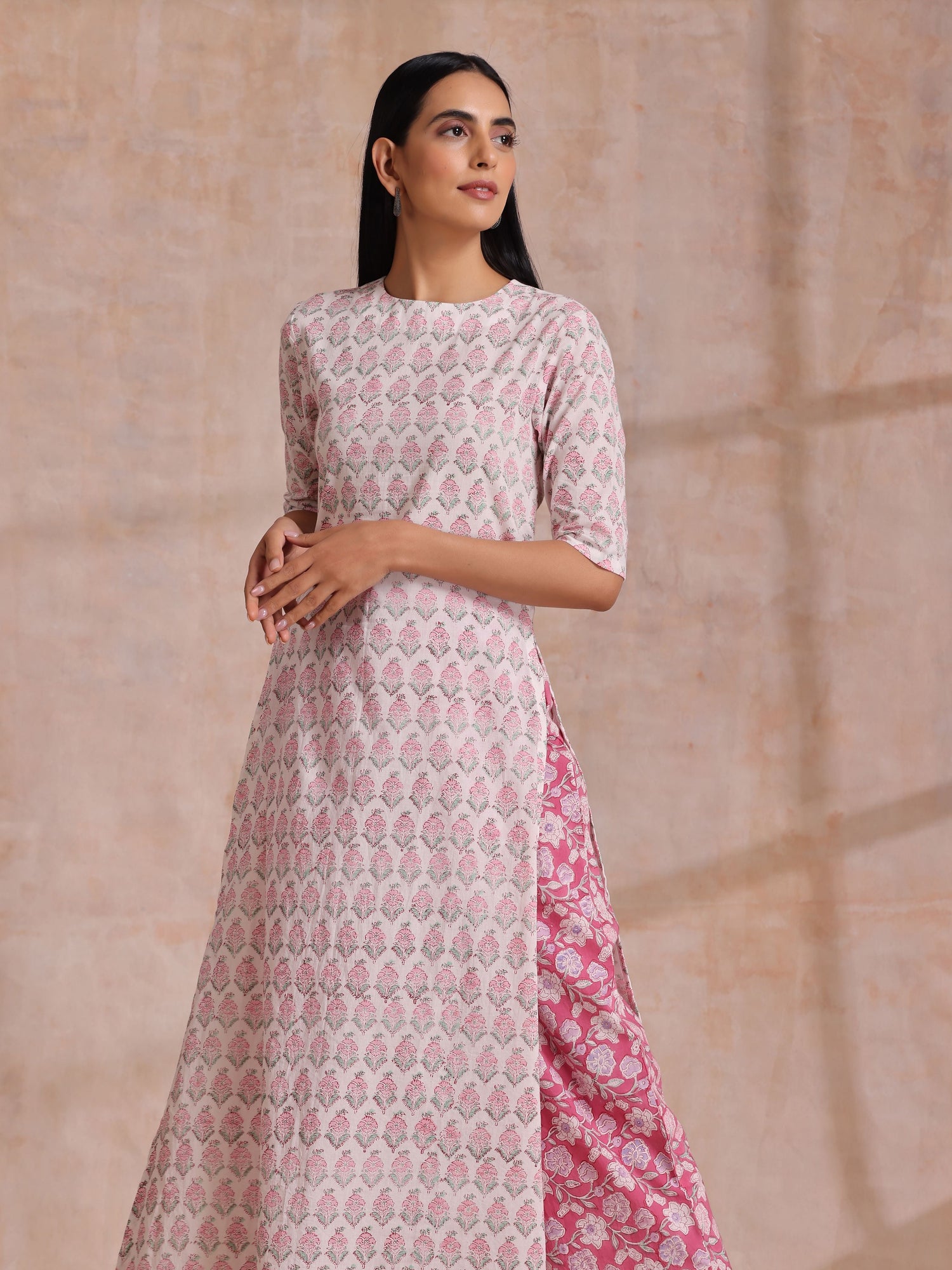 Pink Green Floral On White Block Print Cotton Slit Kurta Pant Set