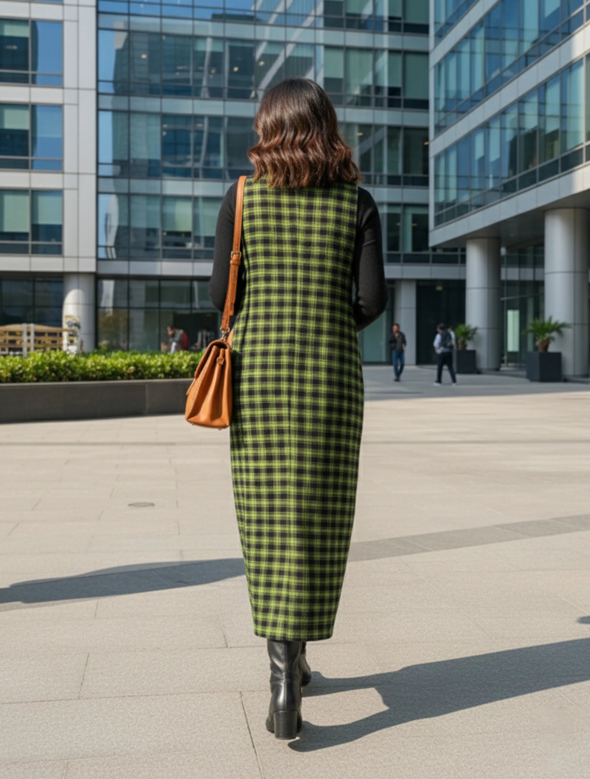 trueBrowns Green Black Sleeveless Check Dress