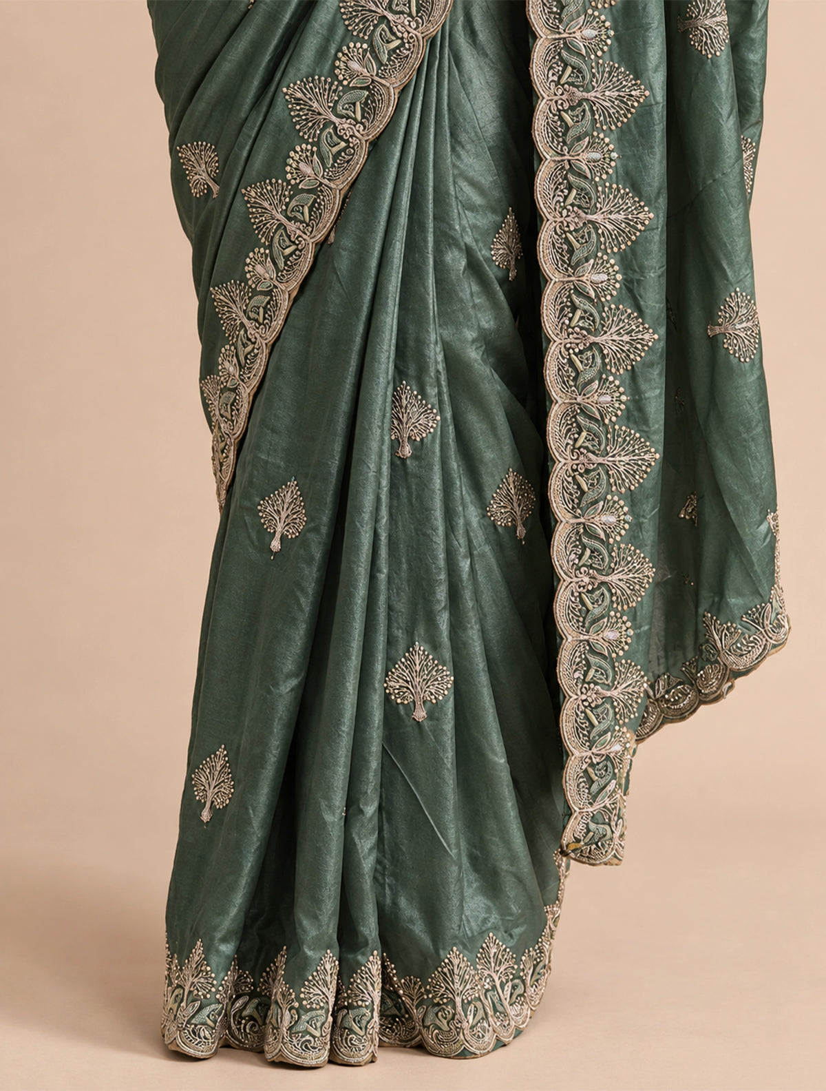trueBrowns Olive Grey Paan Embroidered Silk Blend Saree With Unstitched Blouse