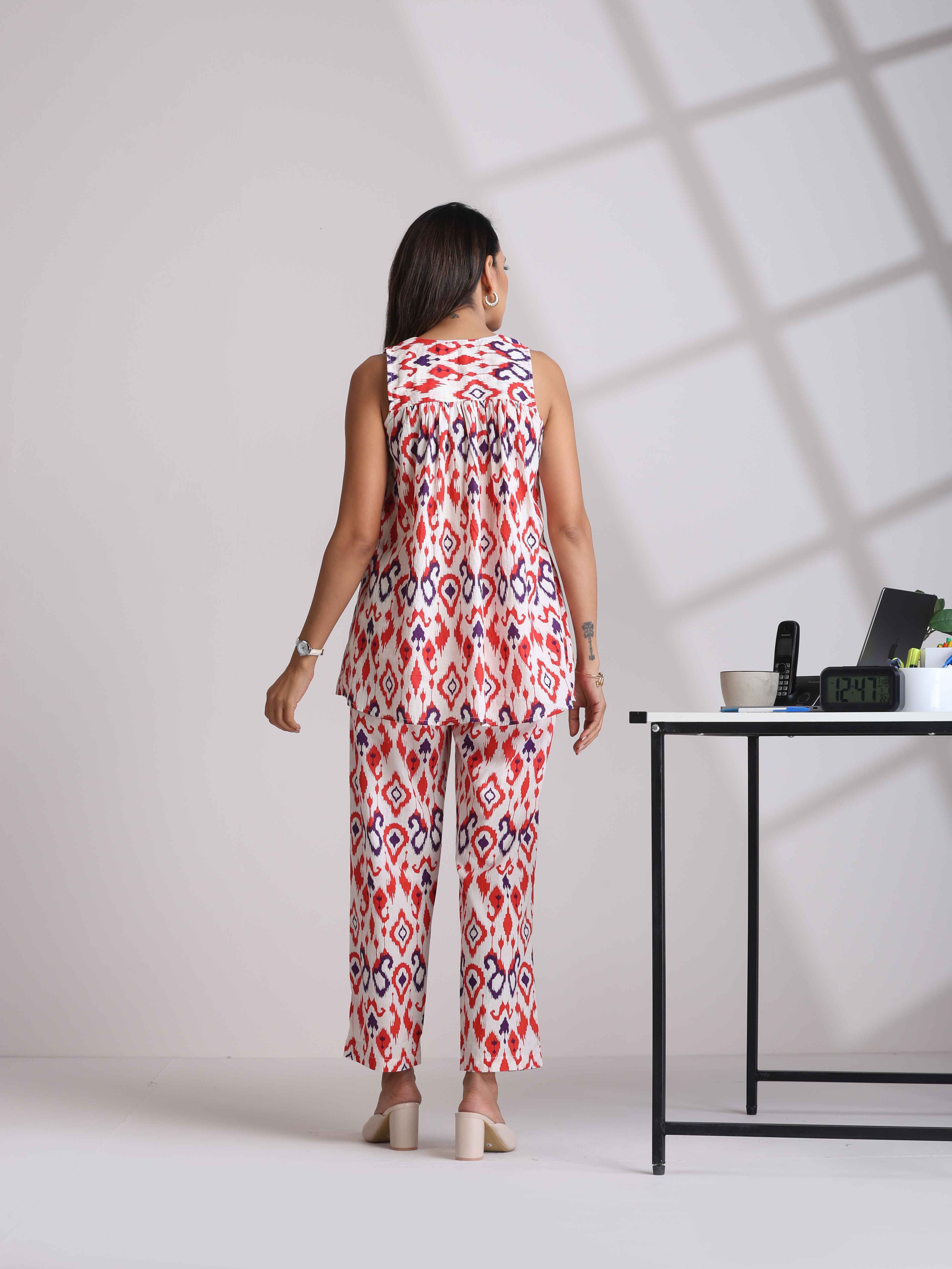 trueBrowns Carrot Cotton Ikat Flared Co-ord Set