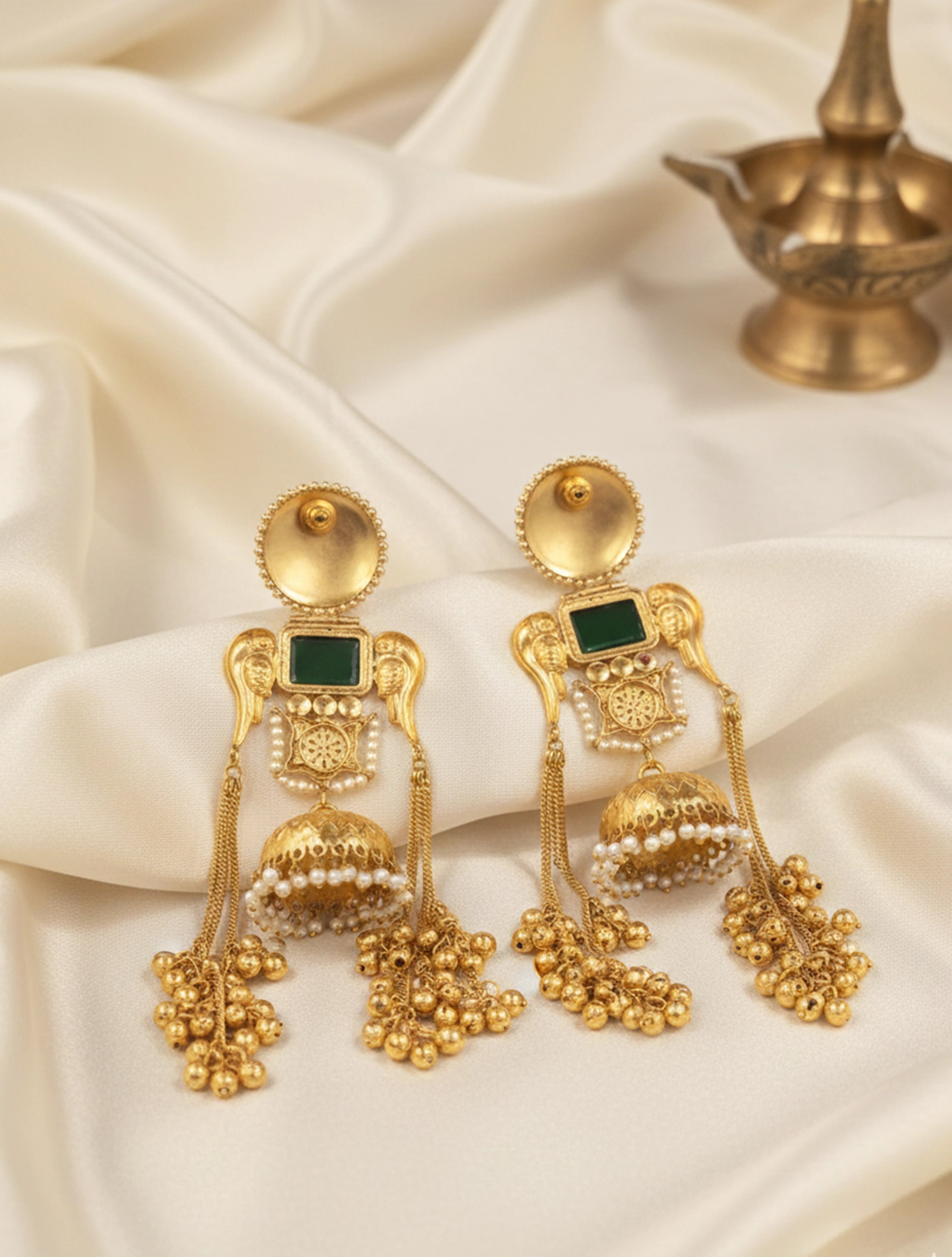 trueBrowns Kashmiri Green Stone Drop Earrings