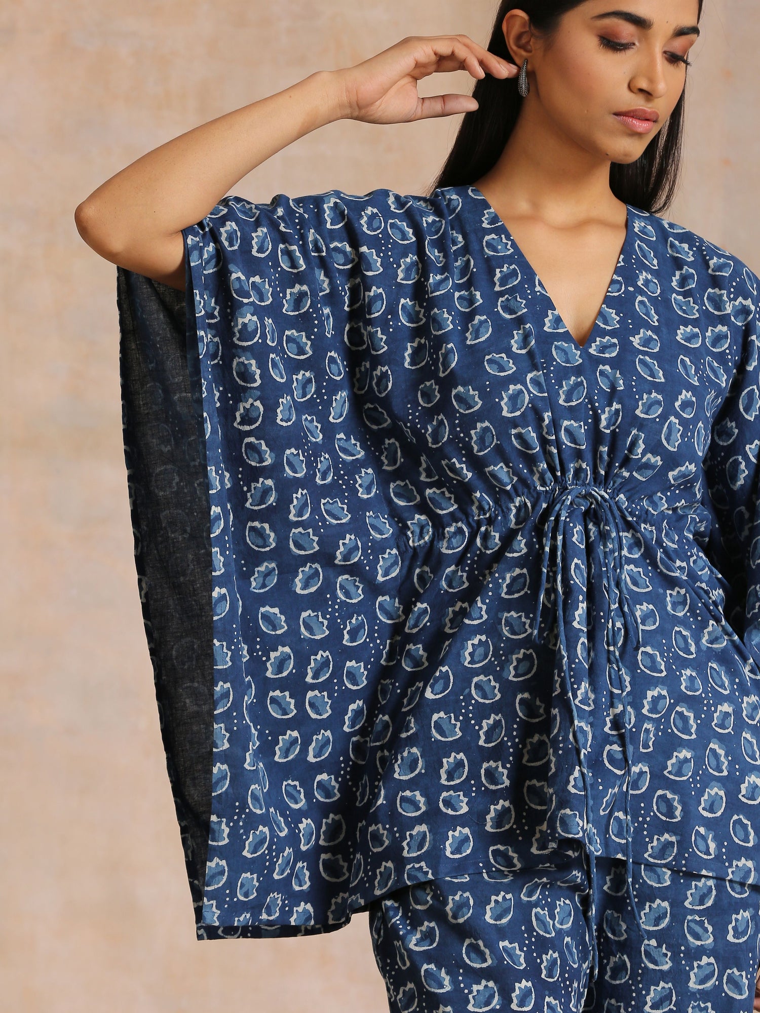 Indigo Dabu Floral Print Cotton Kaftan Co-Ord Set