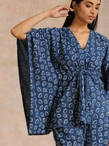 Indigo Dabu Floral Print Cotton Kaftan Co-Ord Set