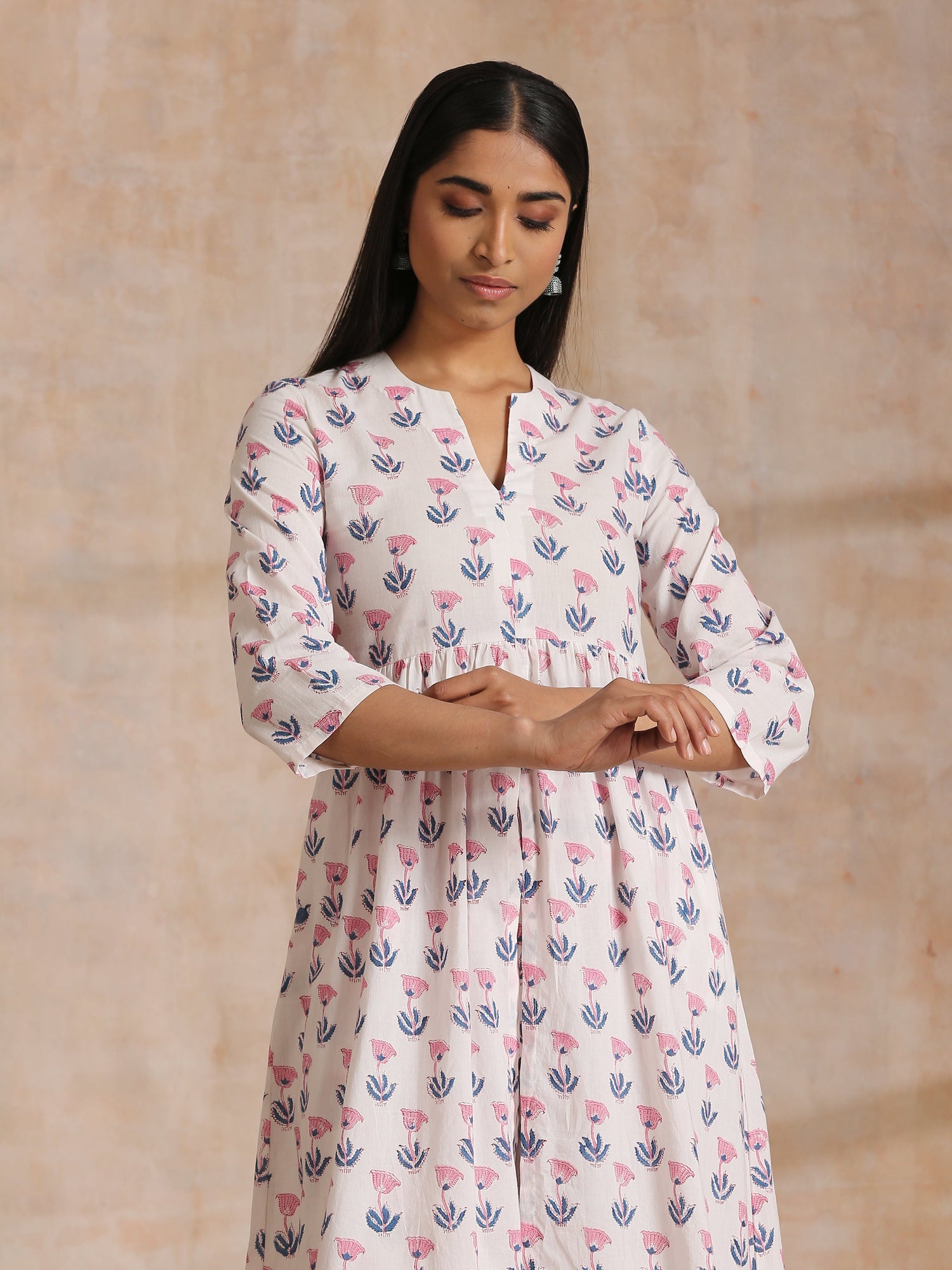White With Pink Blue Buta Block Print Cotton Kurta Pant Set
