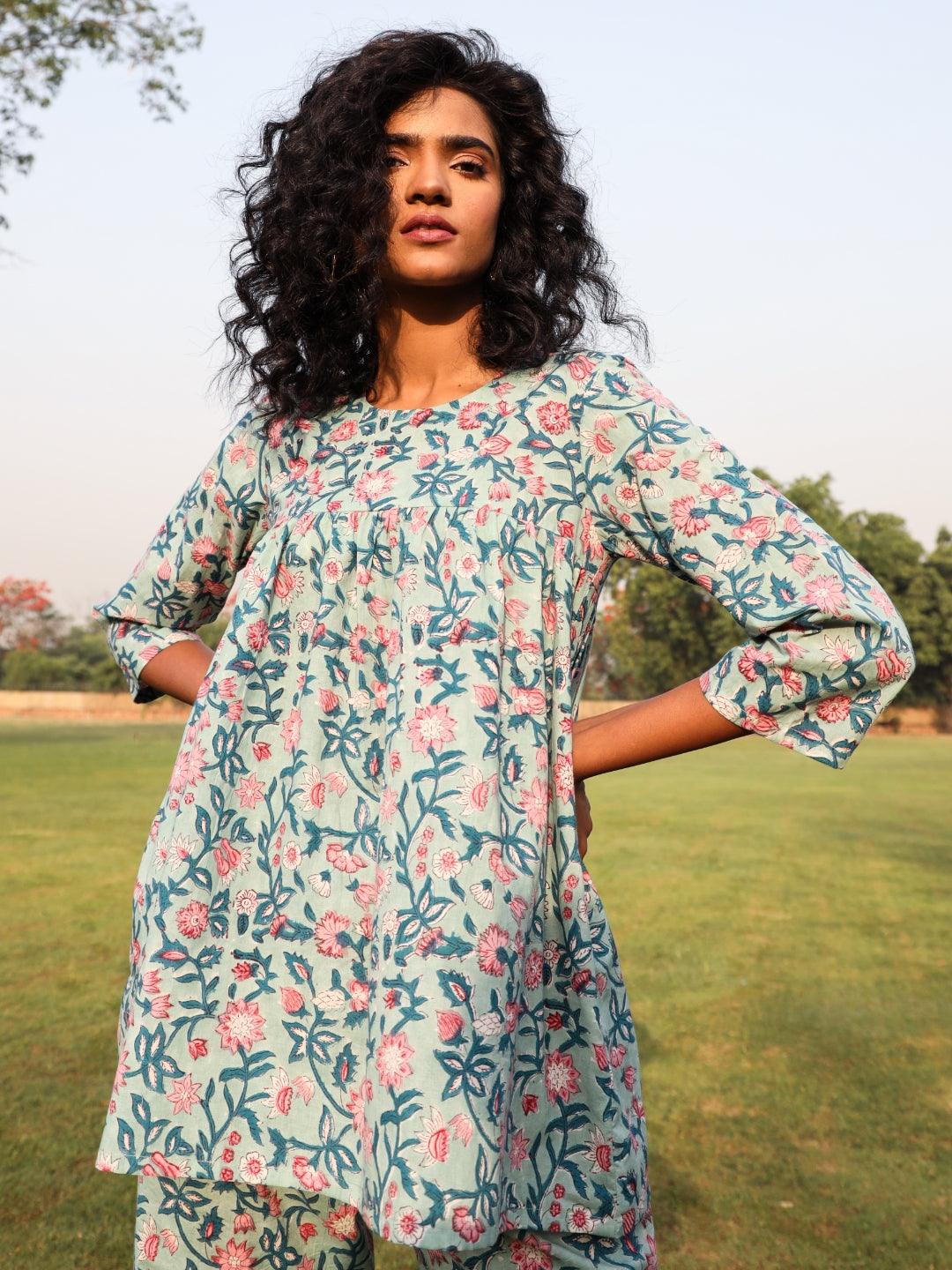 Eggshell Blue Cotton Block Print Gathered Co-Ord Set - trueBrowns