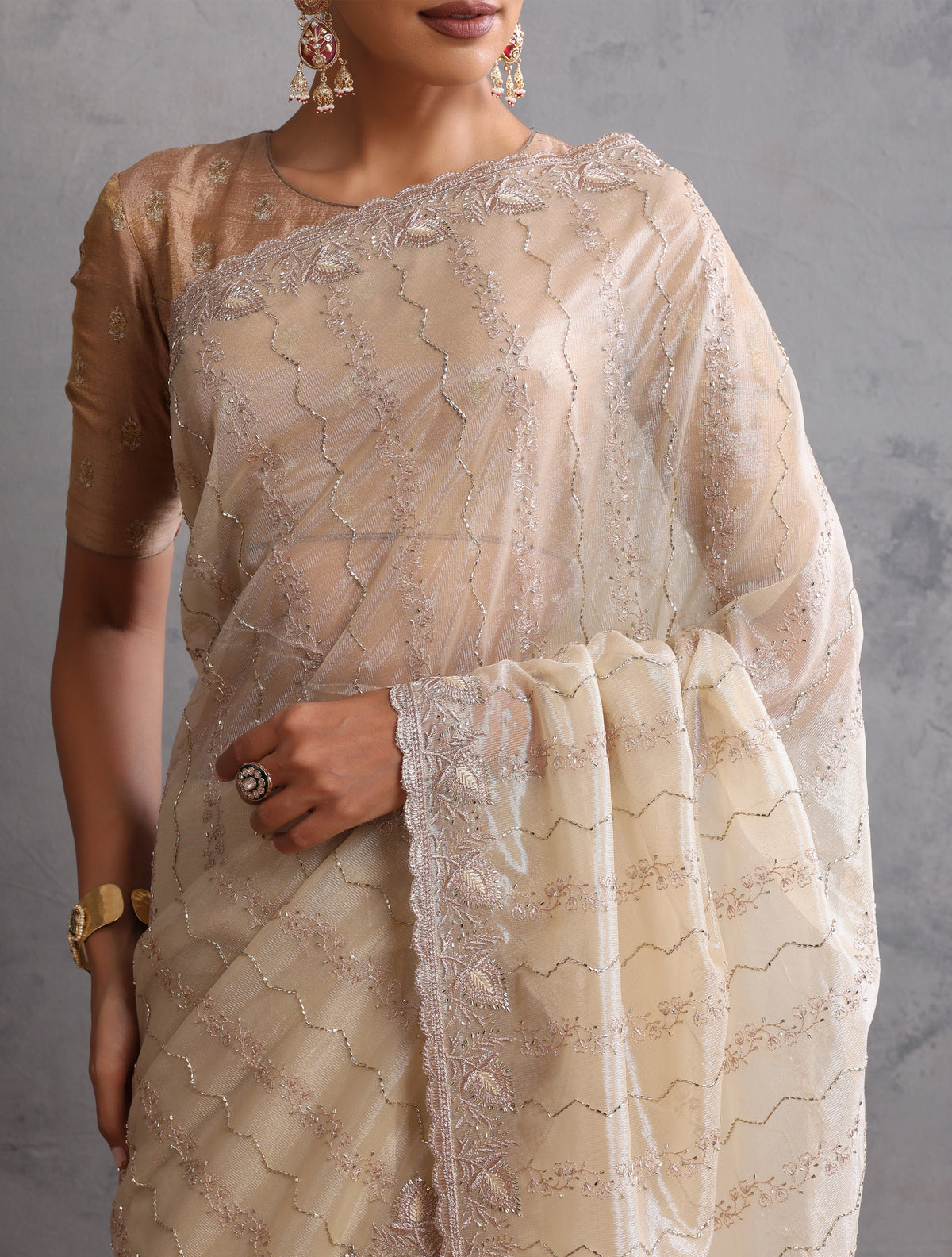 trueBrowns Ivory Gold Sequins Embroidered Net Saree With Unstitched Blouse