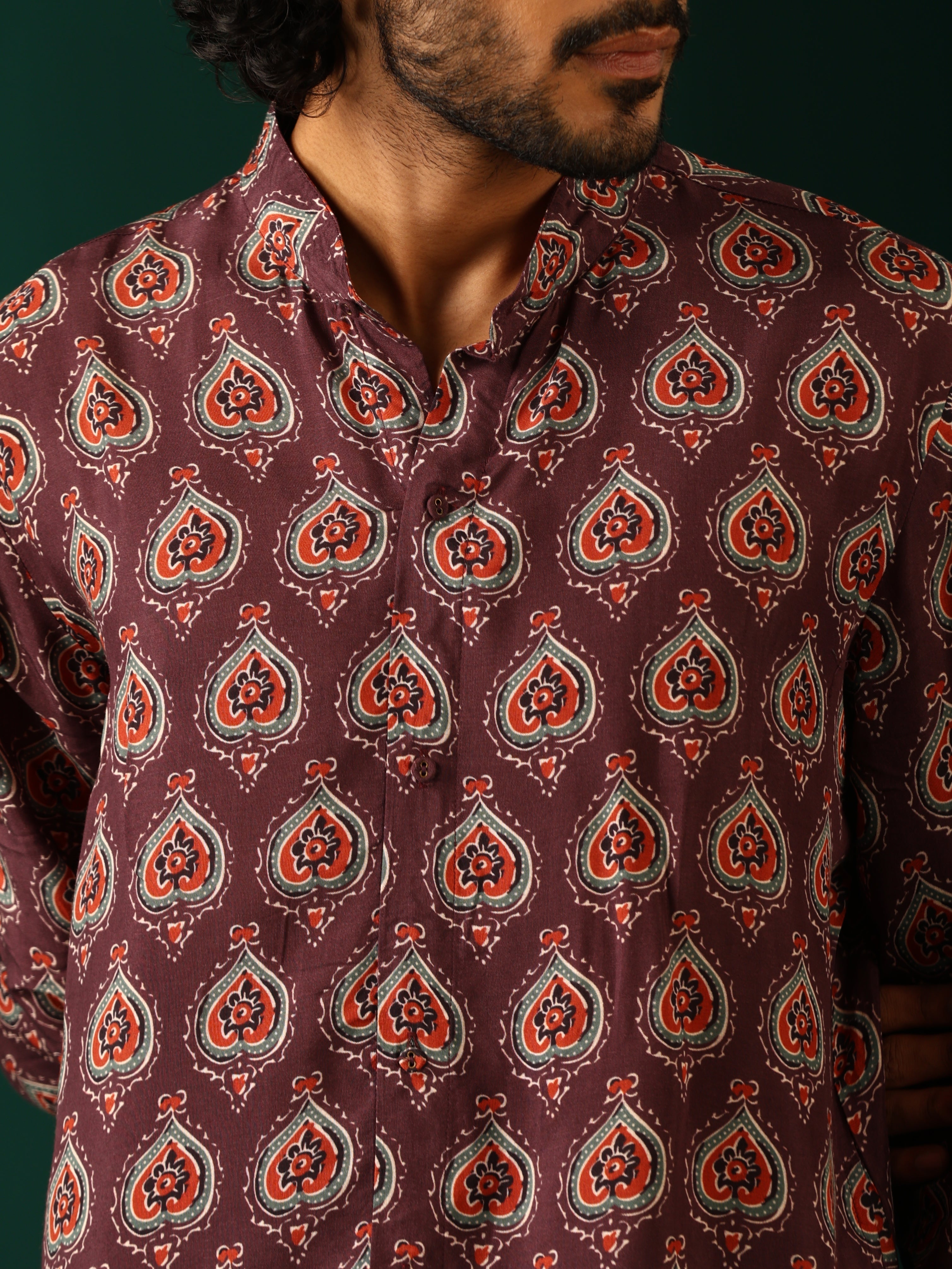 trueBrowns Men Deep Purple Paan Muslin Silk Printed Co-ord Set