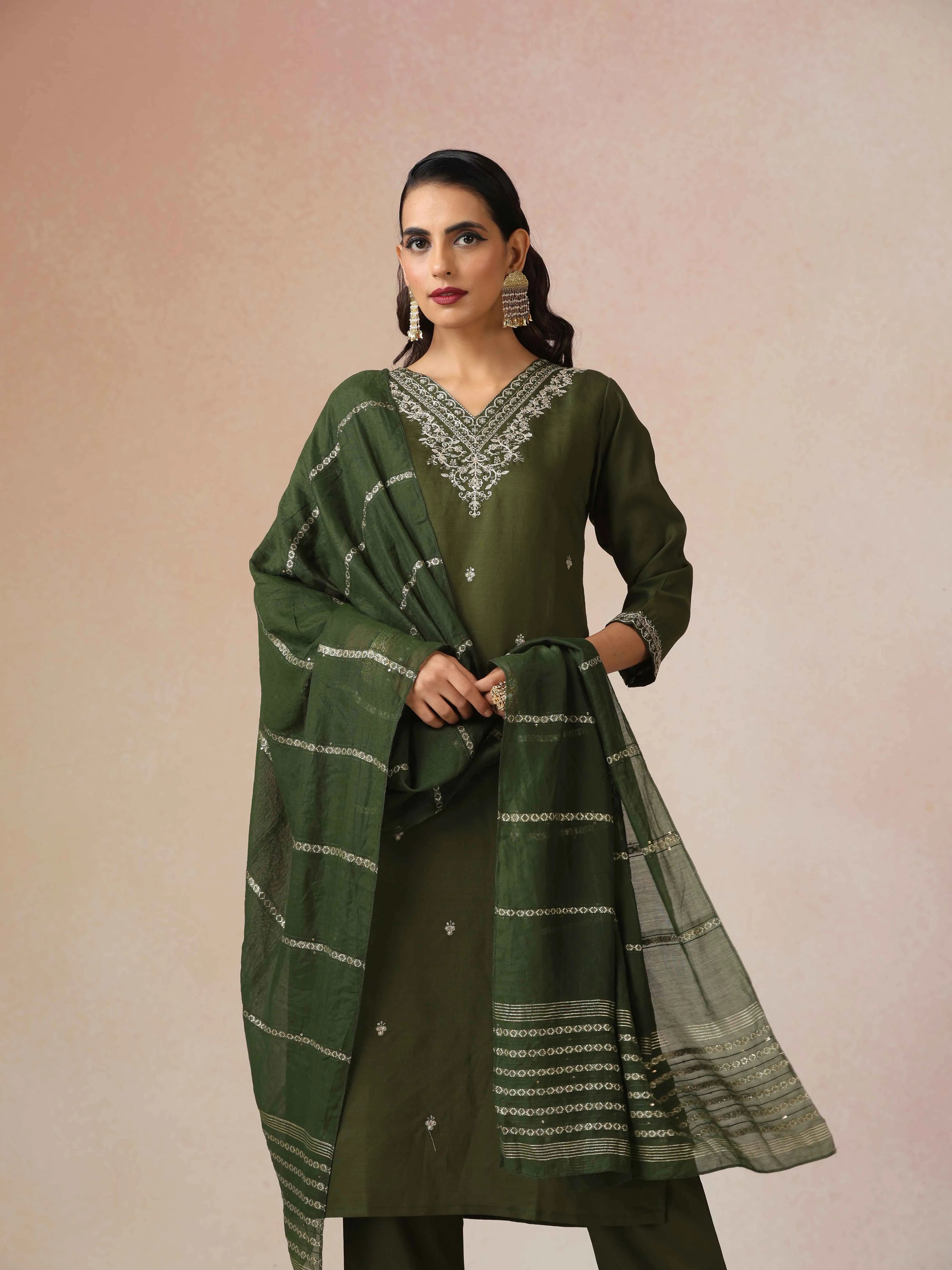 trueBrowns Green All Over Embroidered Straight Kurta 3pc Set