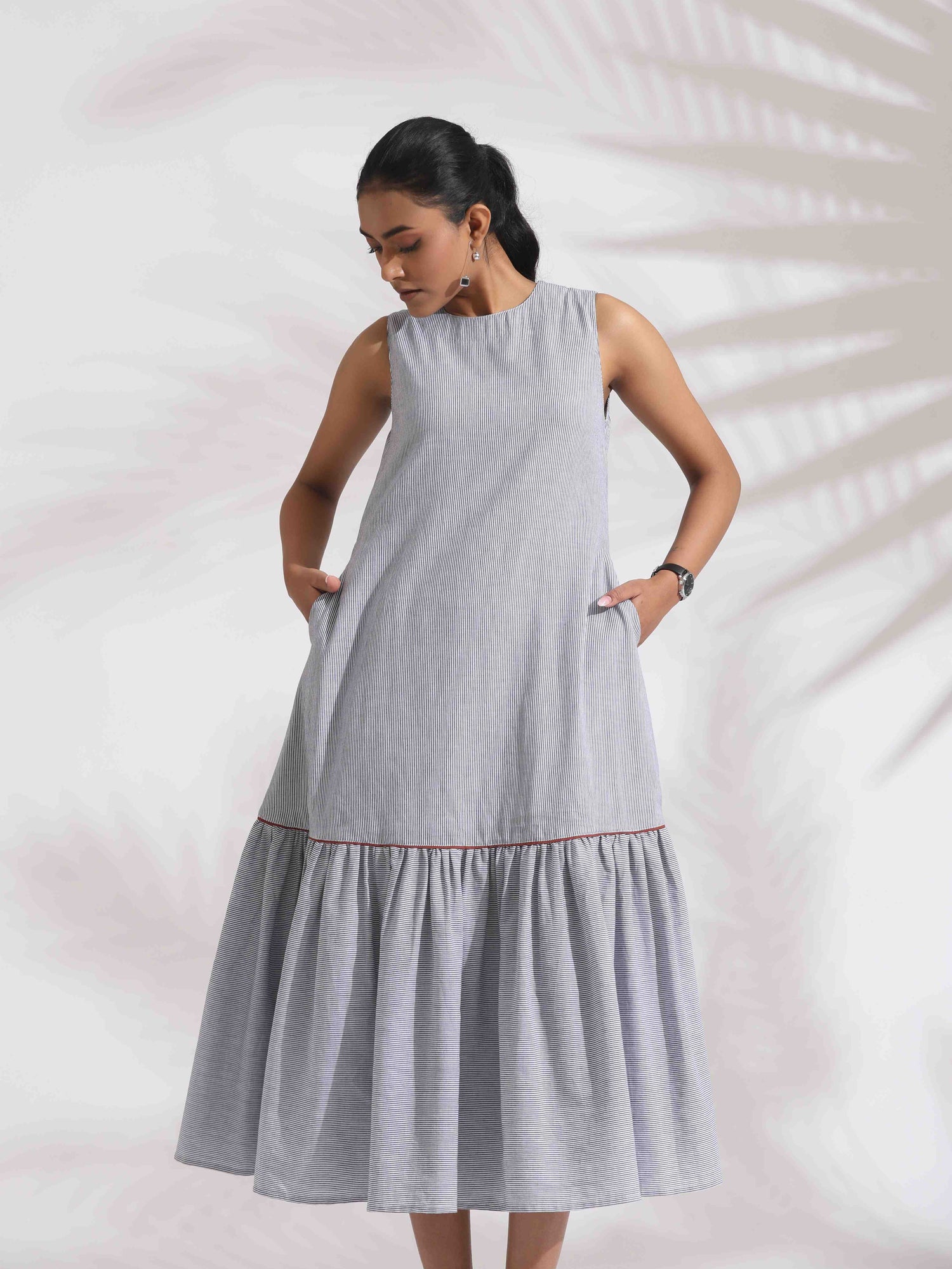 trueBrown Grey Cotton Stripe Tier Dress