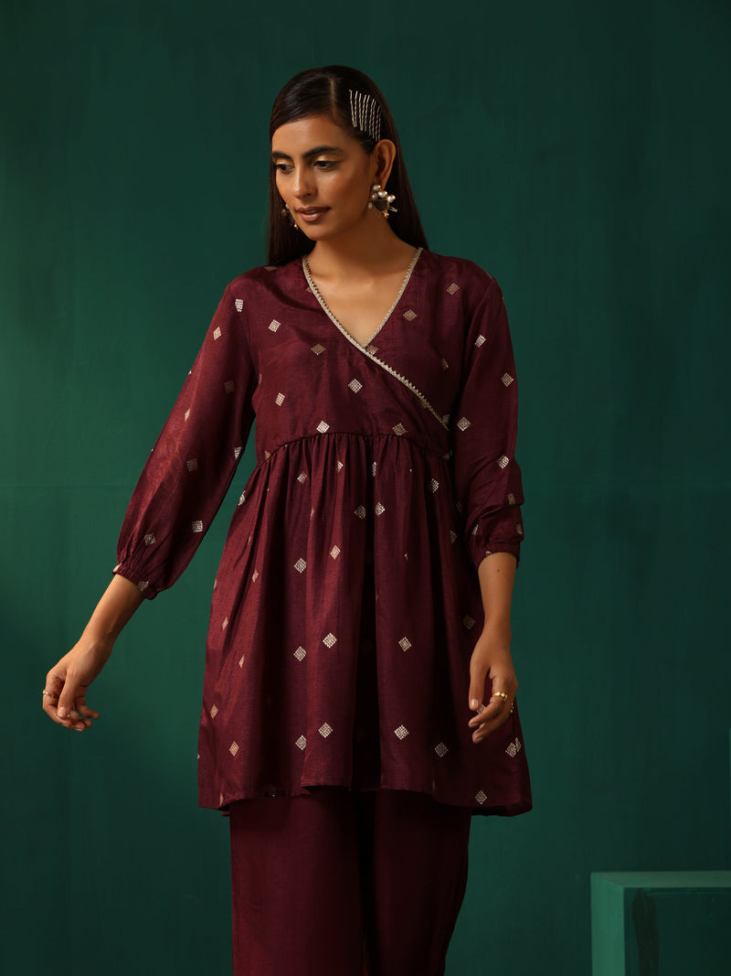 trueBrowns Wine Diamond Viscose Silk Overlap Co-ord Set