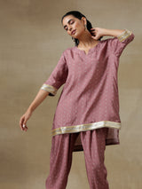 Dark Mauve Bandhani Printed Silk Loose Kurta Dhoti Pant Set | Relove
