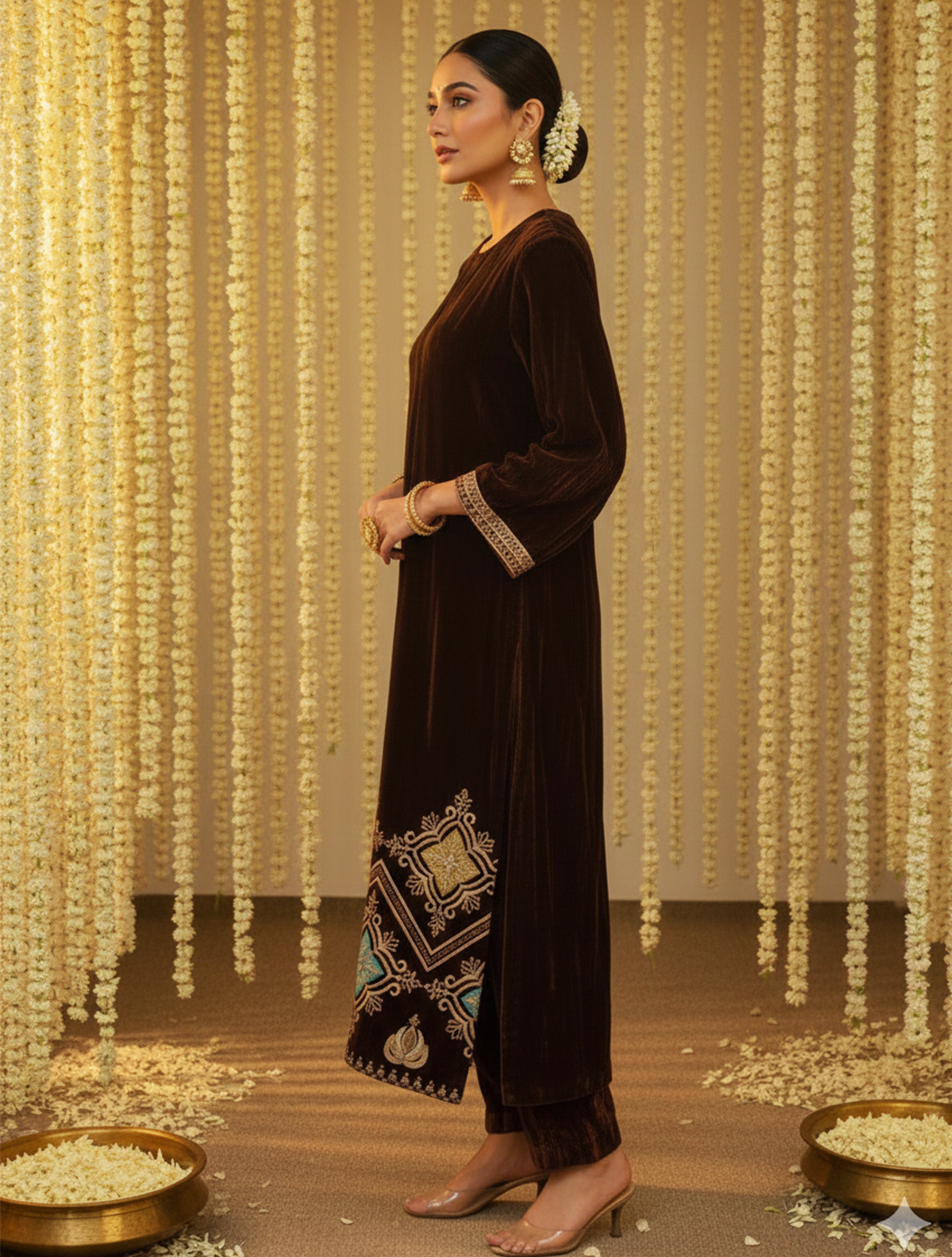 trueBrowns Brown Crinkled Velvet Embroidered Kurta Pants Dupatta Set