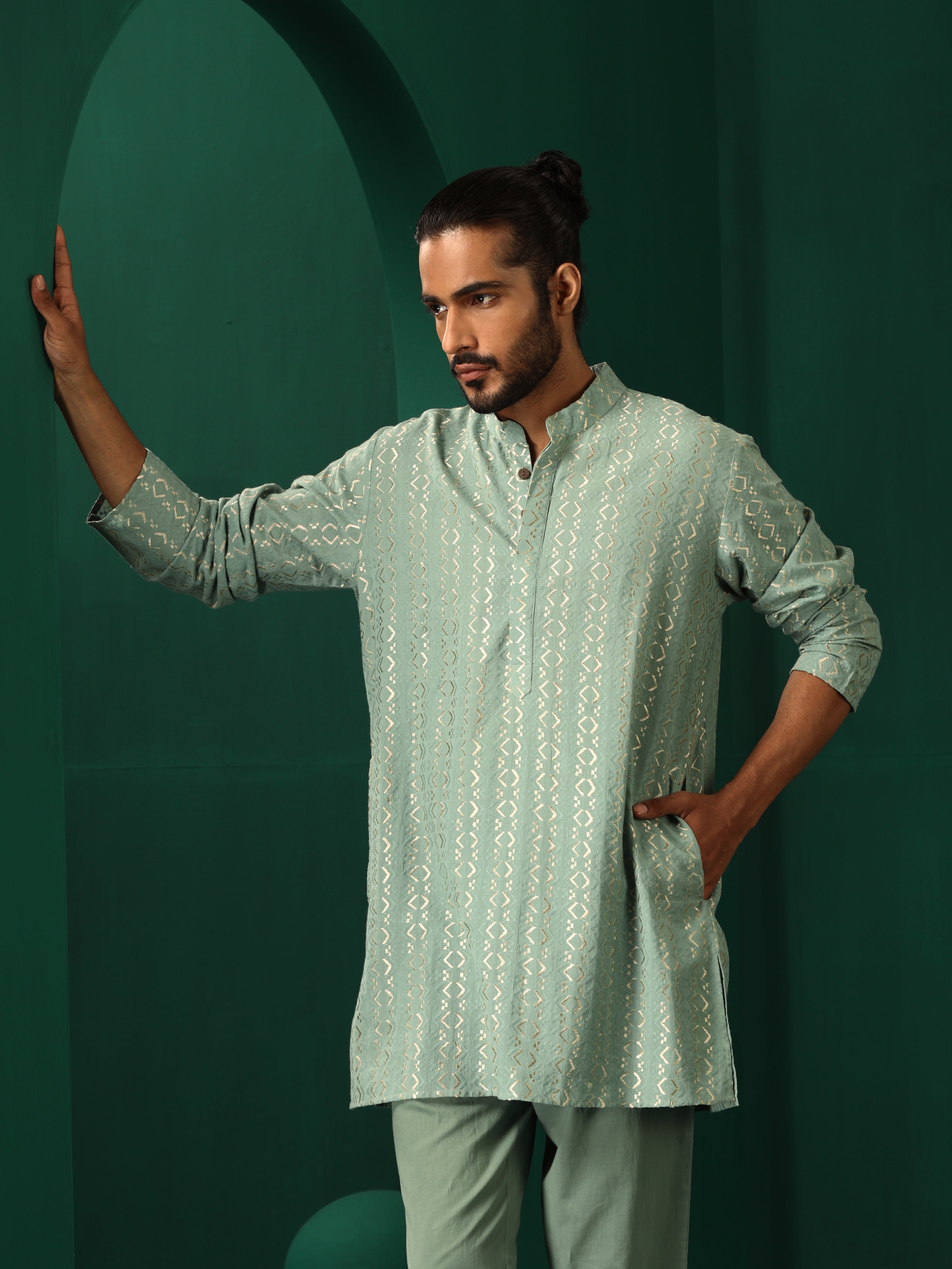 trueBrowns Men Mint Green Dobby Co-ord Set