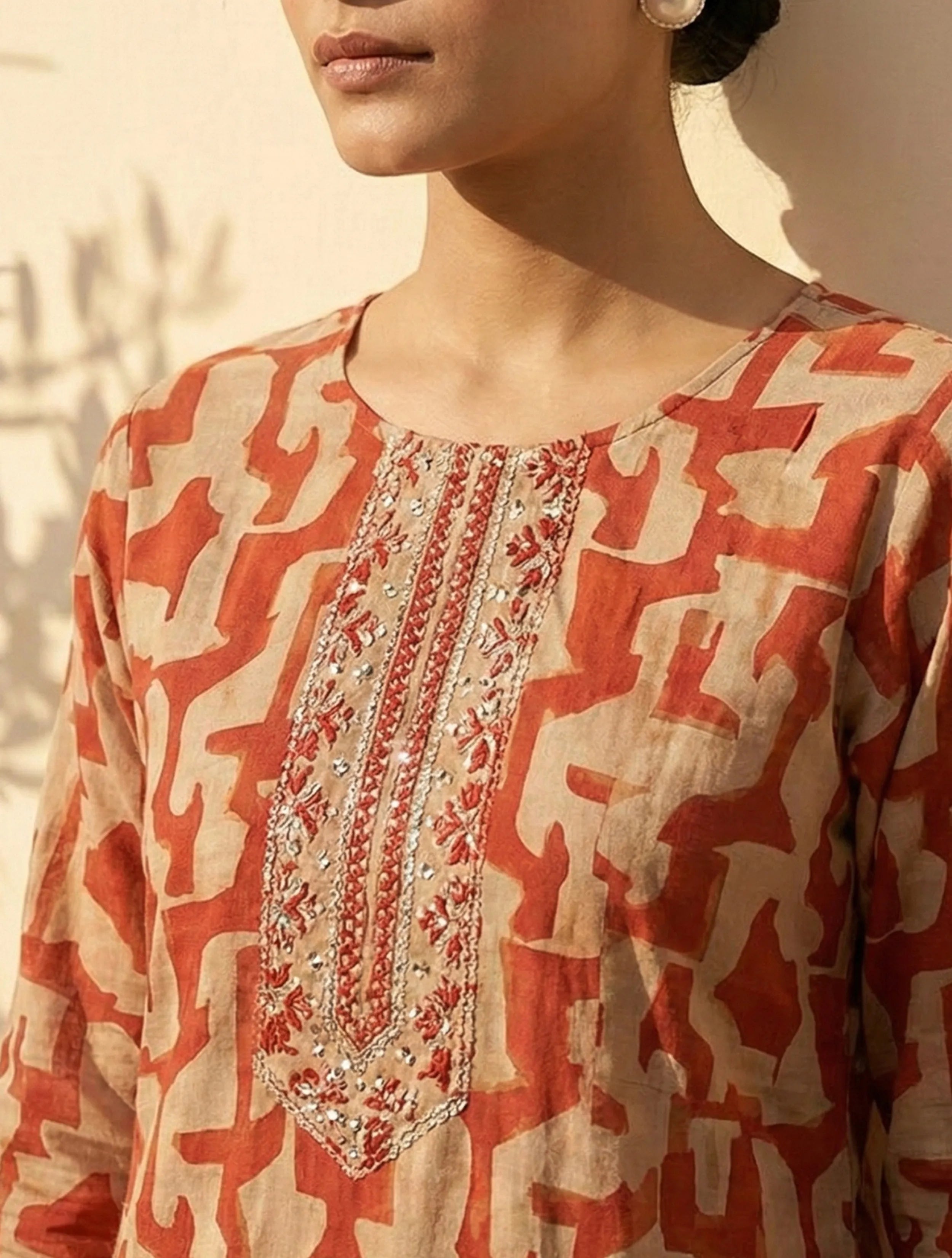 trueBrowns Orange Abstract Print Embroidered Kurta Pant Dupatta Set