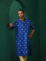 trueBrowns Men Royal Blue Geometric Floral Viscose Silk Long Kurta