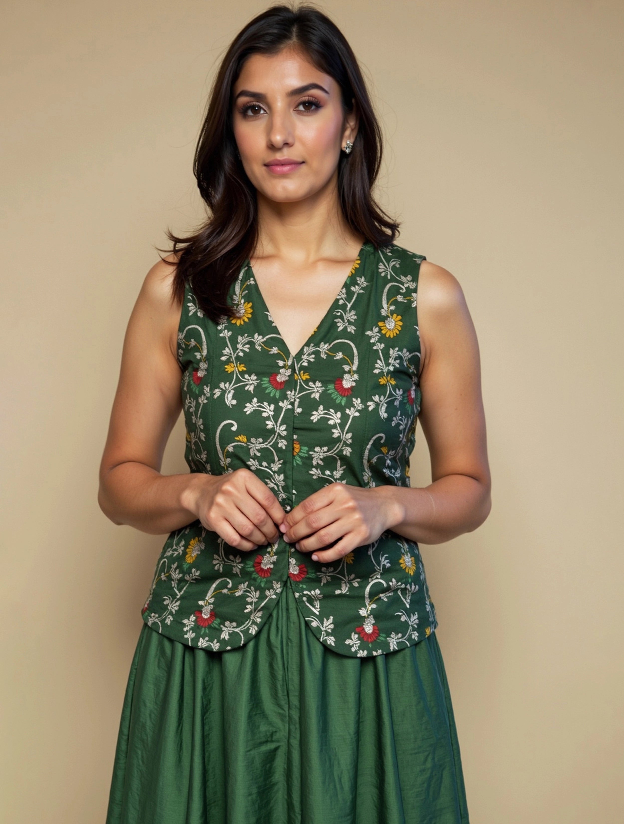 trueBrowns Green Brocade Jacket Skirt Co-ord Set
