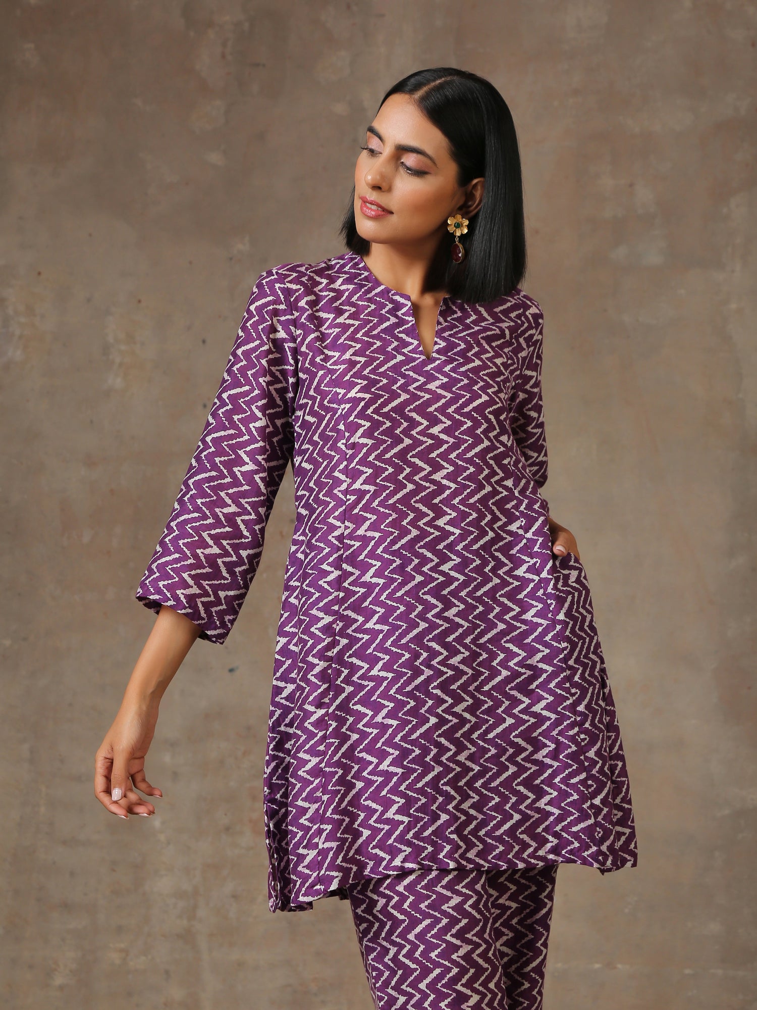 Purple White Lehariya Printed Silk Co-Ord Set
