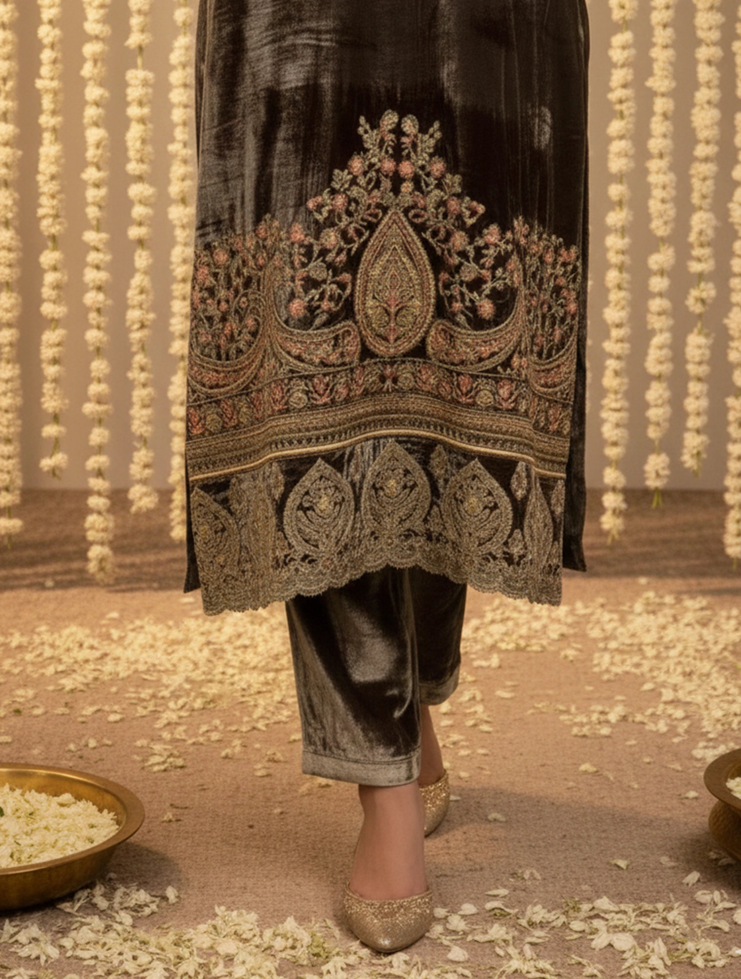 trueBrowns Brown Velvet Embroidered Chogha Pants Dupatta Set