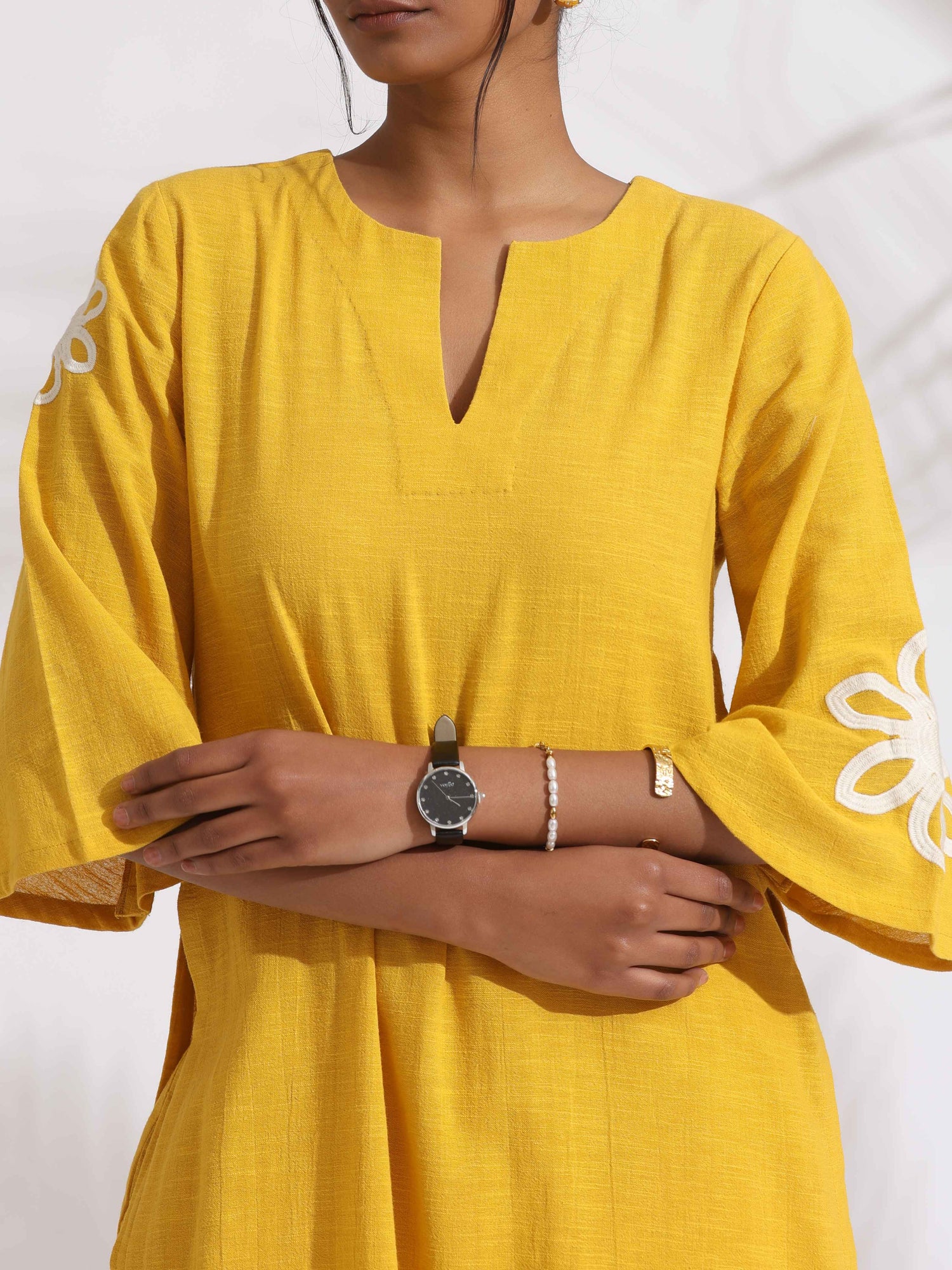 trueBrowns Yellow Cotton Slub Embroidered Straight Kurta Set