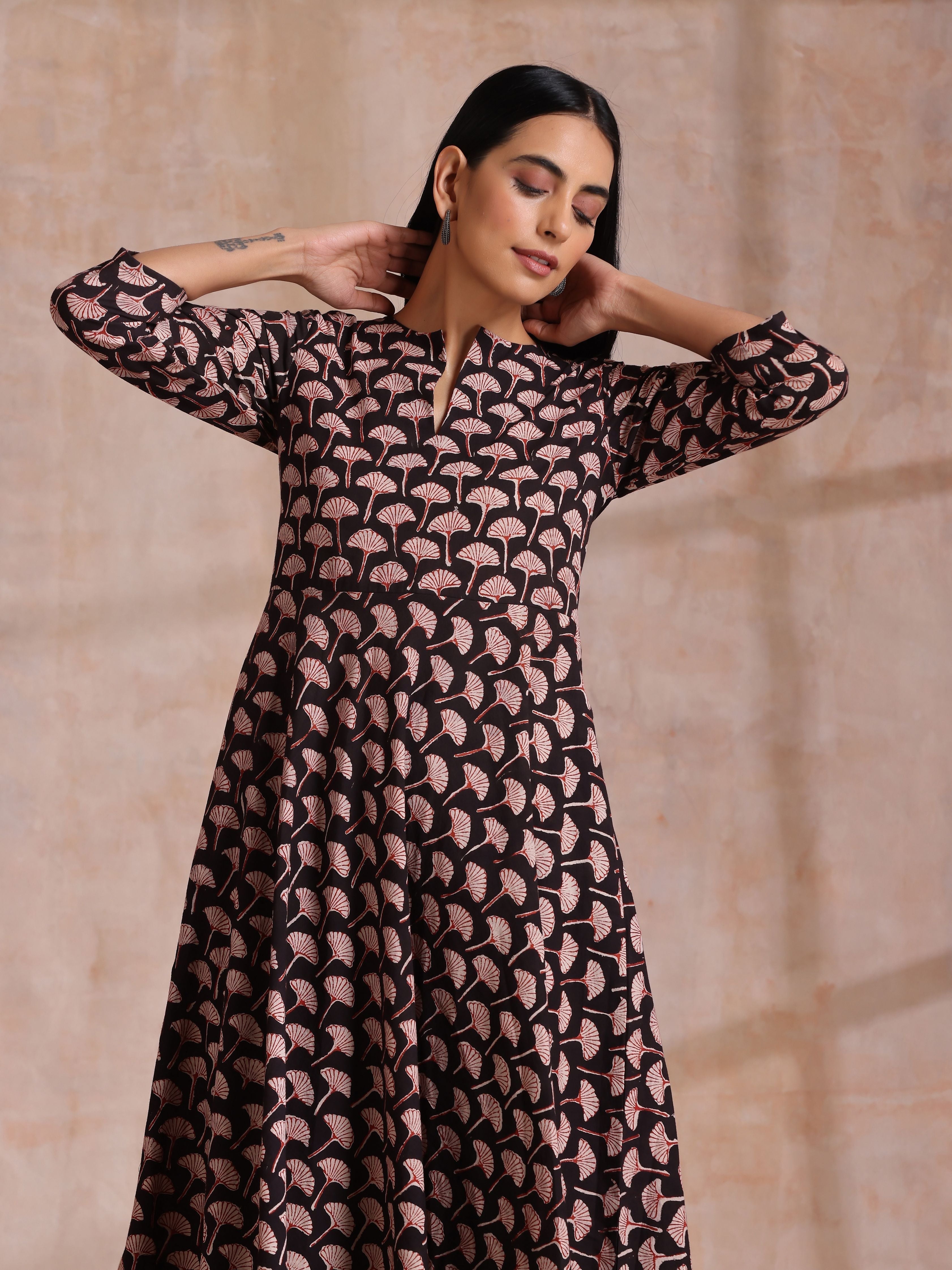 Black Floral Bagru Print Cotton Flared Kurta Pant Set