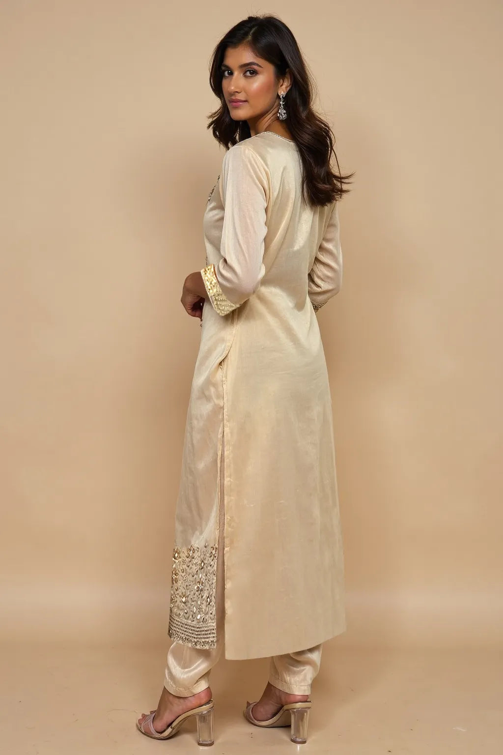 trueBrowns Ivory Zari Embroidered Straight Kurta Pant Dupatta Set