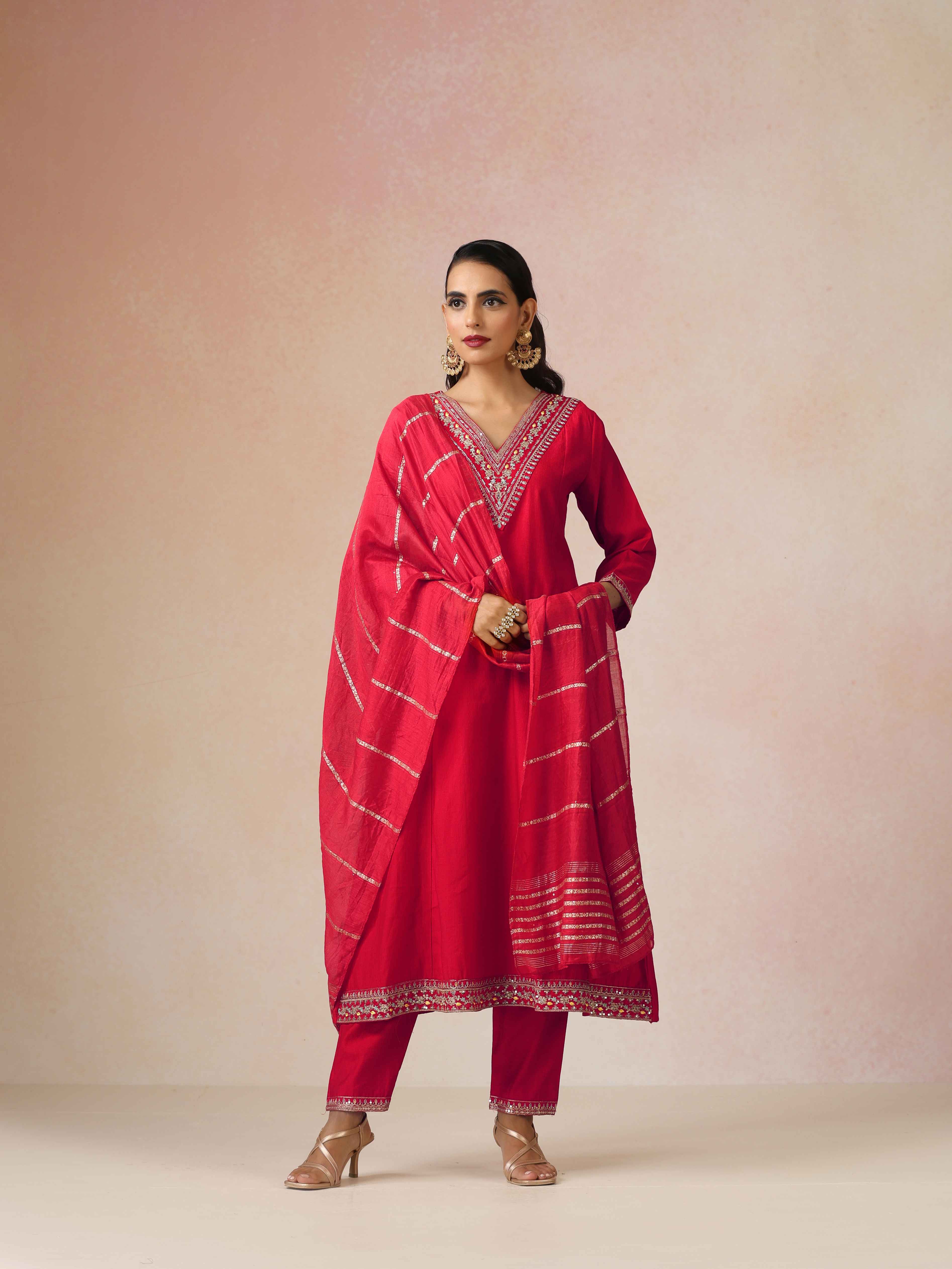 trueBrowns Red Embroidered A-line Kurta 3pc Set