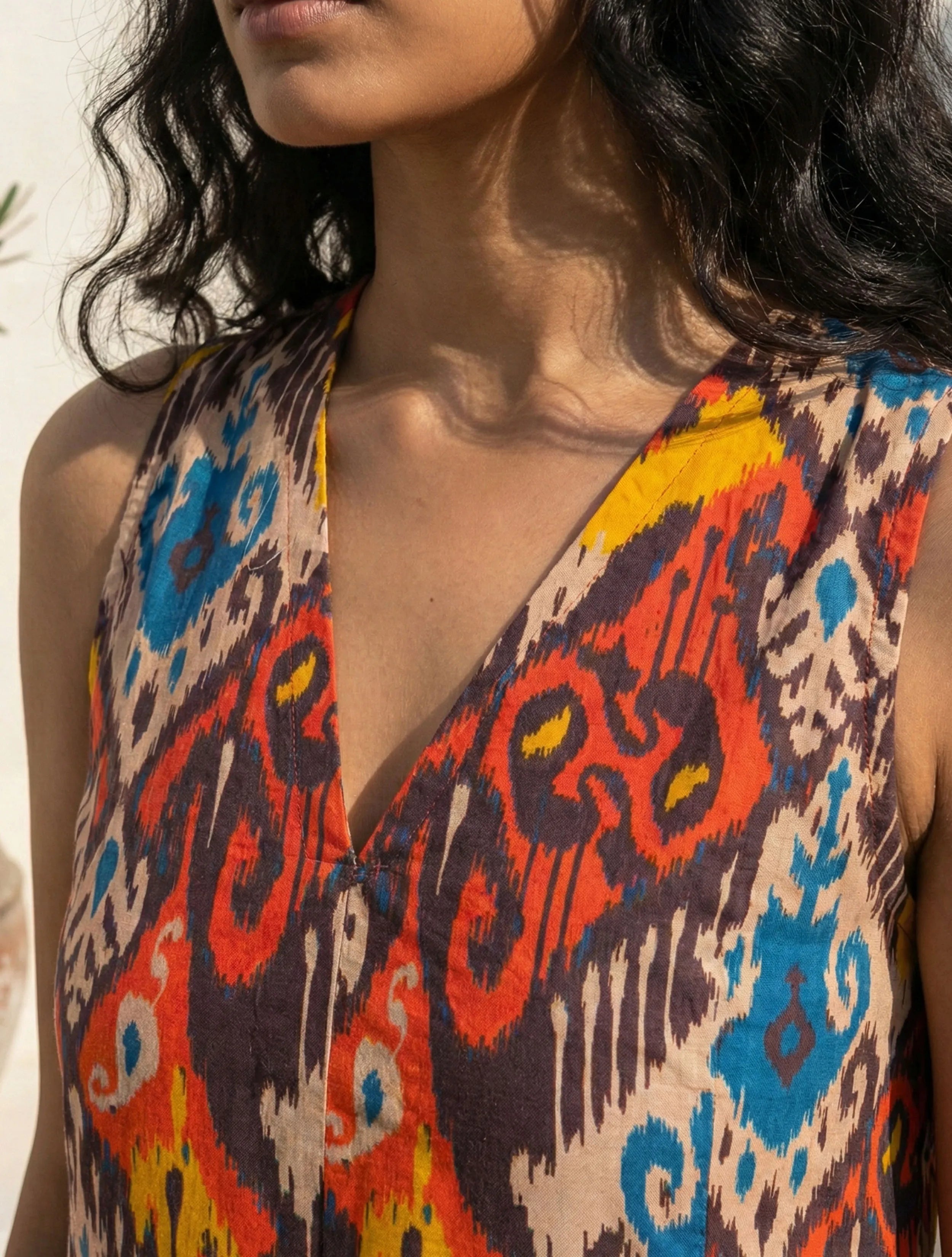 trueBrowns Multicolour Ikat Print Cotton Poplin Sleeveless Short Dress