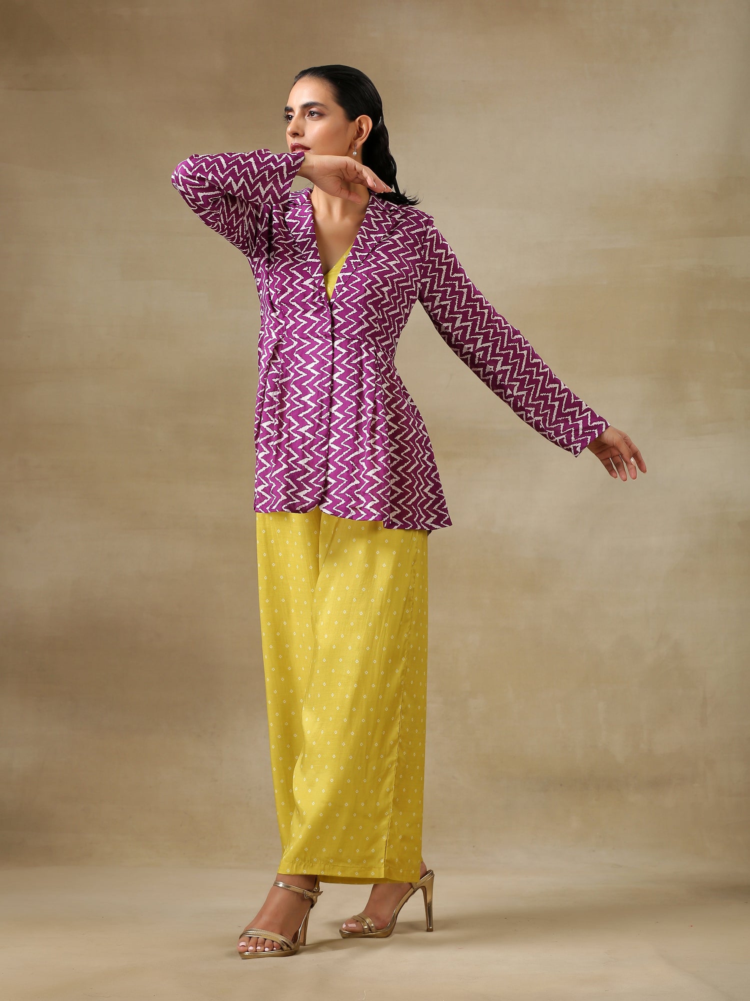 Lime Green Bandhani Printed Silk Top Pant with Purple Printed Jacket Set
