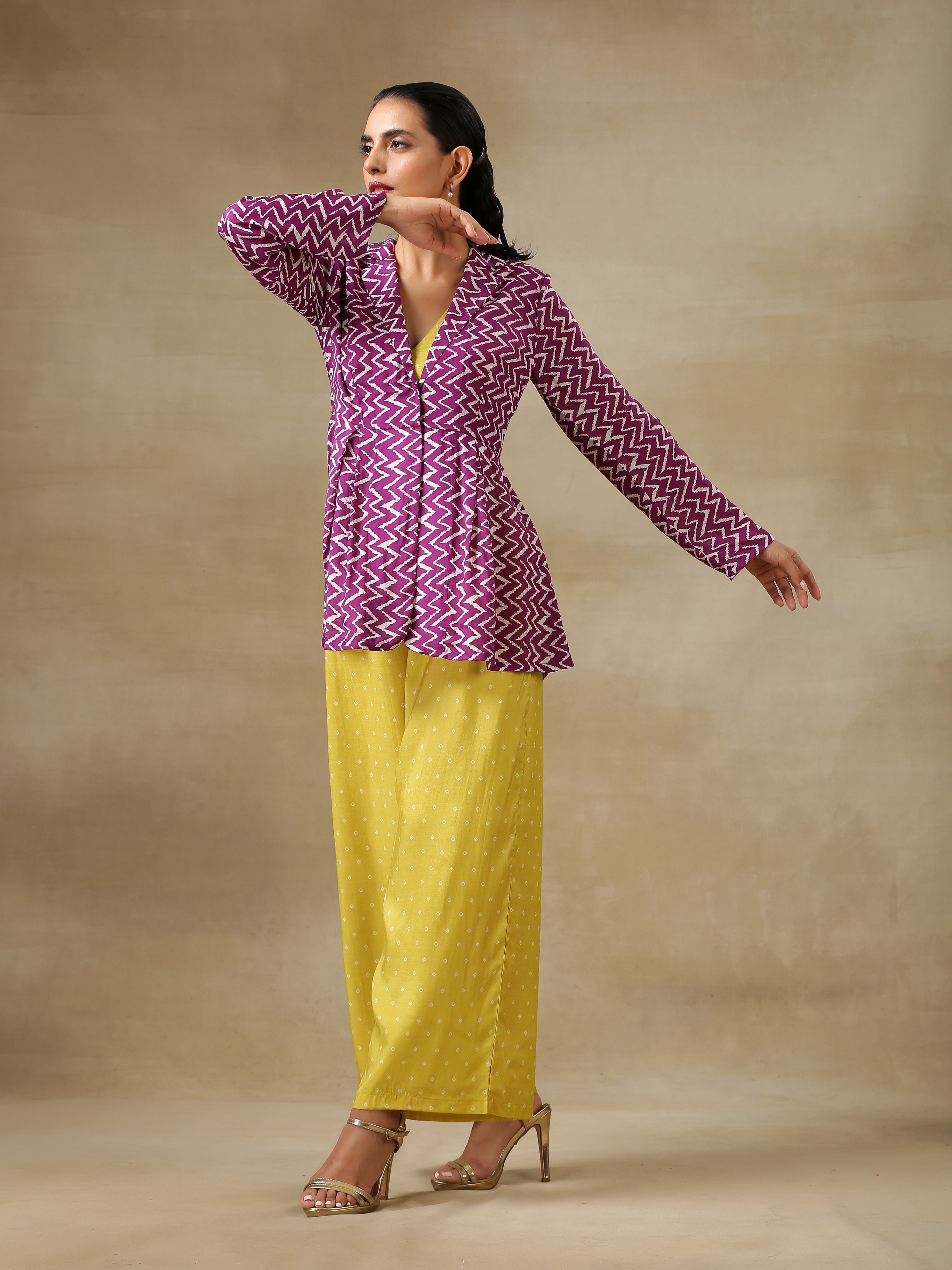 Lime Green Bandhani Printed Silk Top Pant with Purple Printed Jacket Set