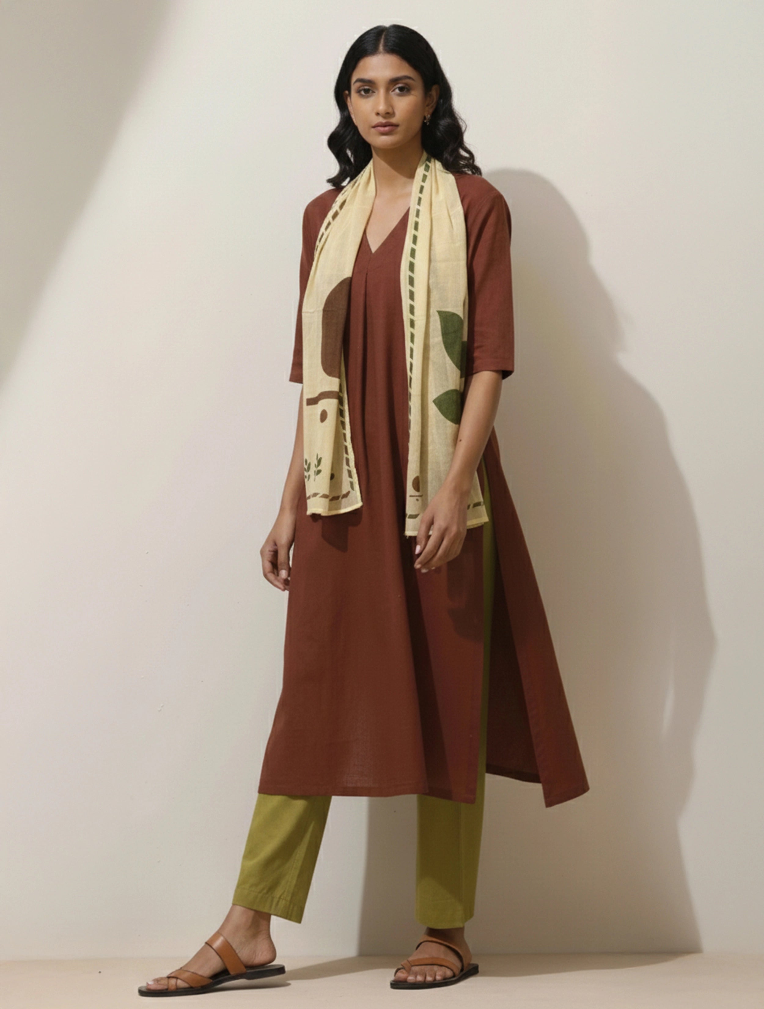 trueBrowns Leaf Life Hand Block Print Cotton Scarf