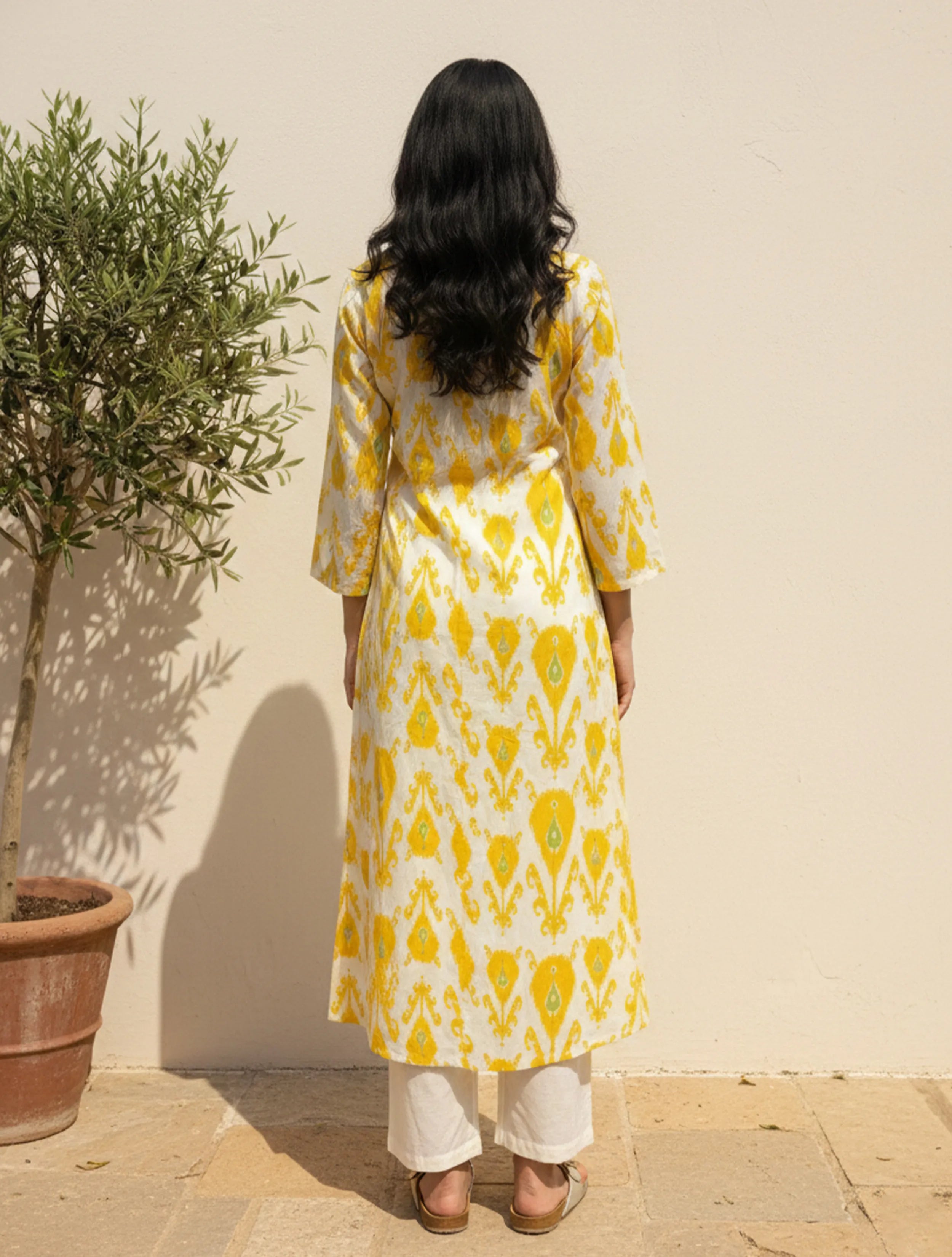  trueBrowns White Yellow Ikat Print Cotton Angrakha Kurta Set