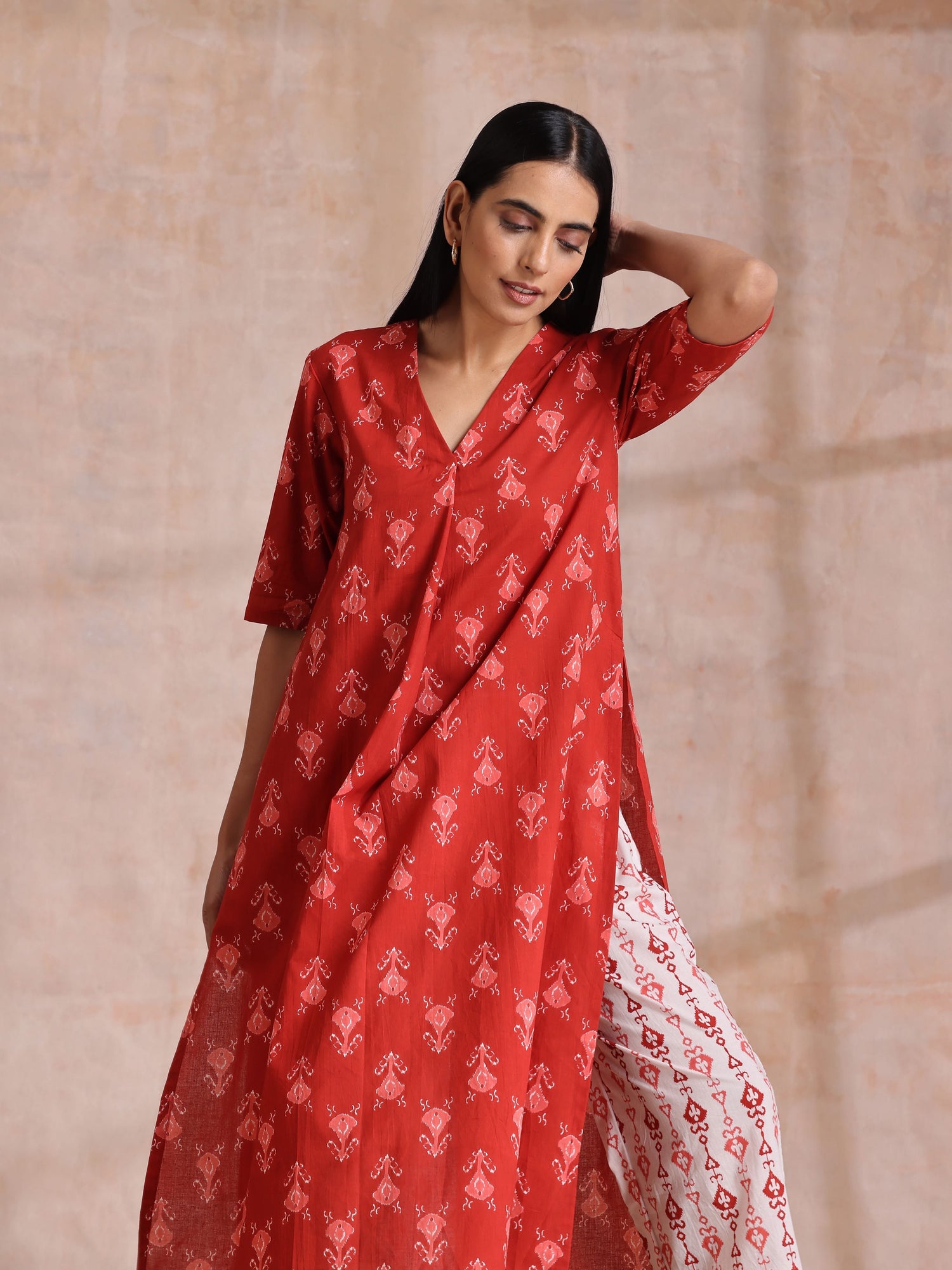 Red On Red Ikat Print Cotton Kurta Pant Set