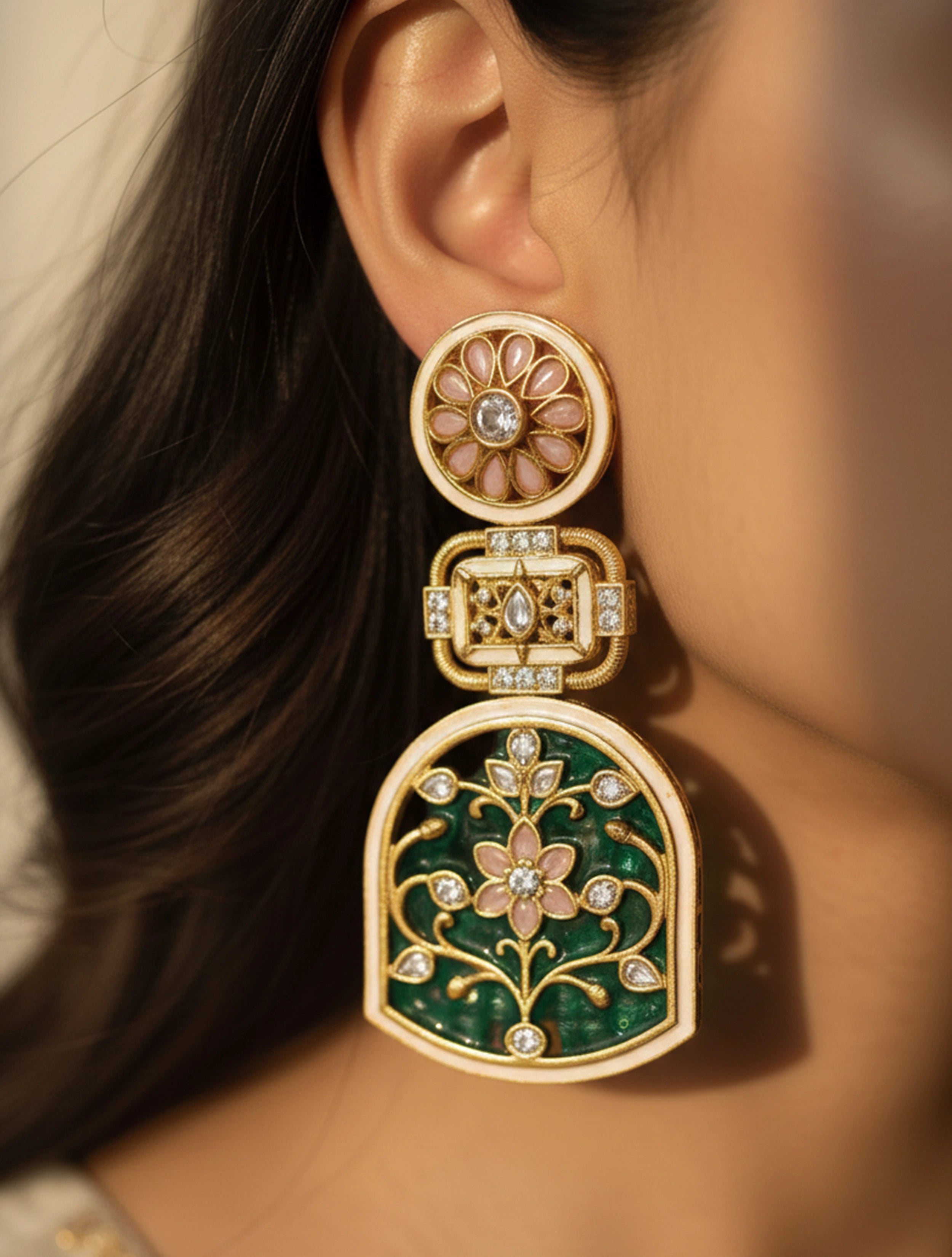 trueBrowns Green Rajwada Drop Earrings