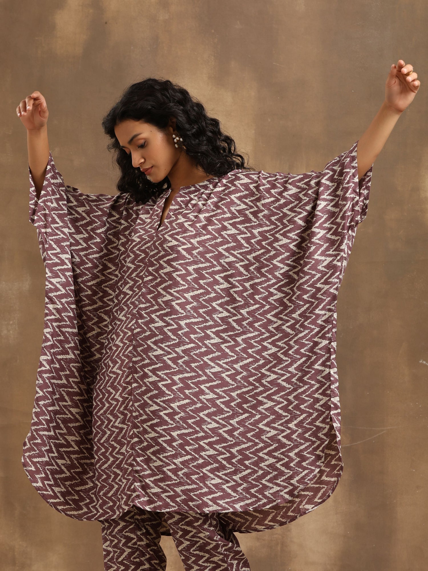 Dark Mauve Zig Zag Printed Silk Kaftan Co-Ord Set