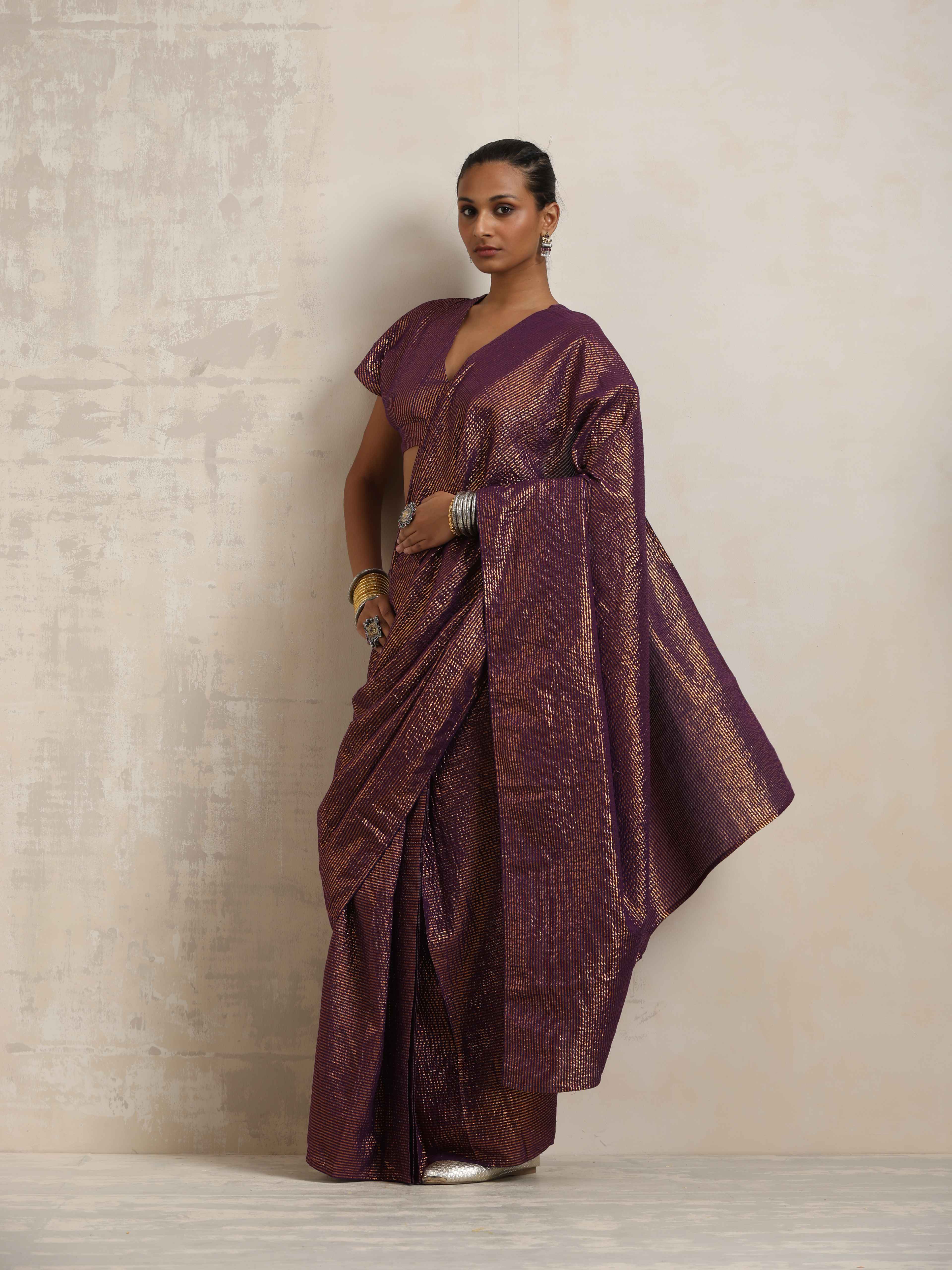trueBrowns Purple Gold Lurex Ready To Wear Saree