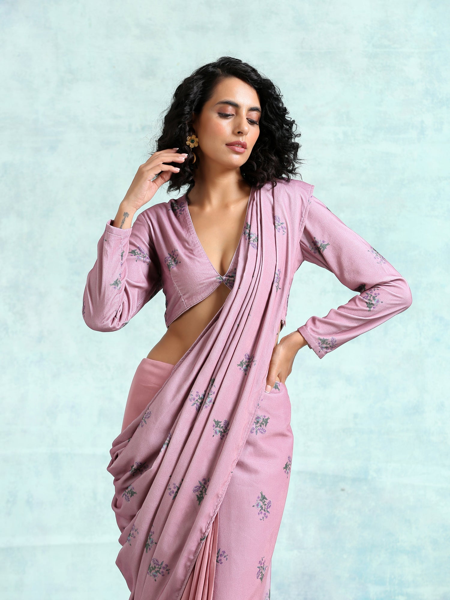 Light Mauve Printed Velvet Ready To Wear Saree