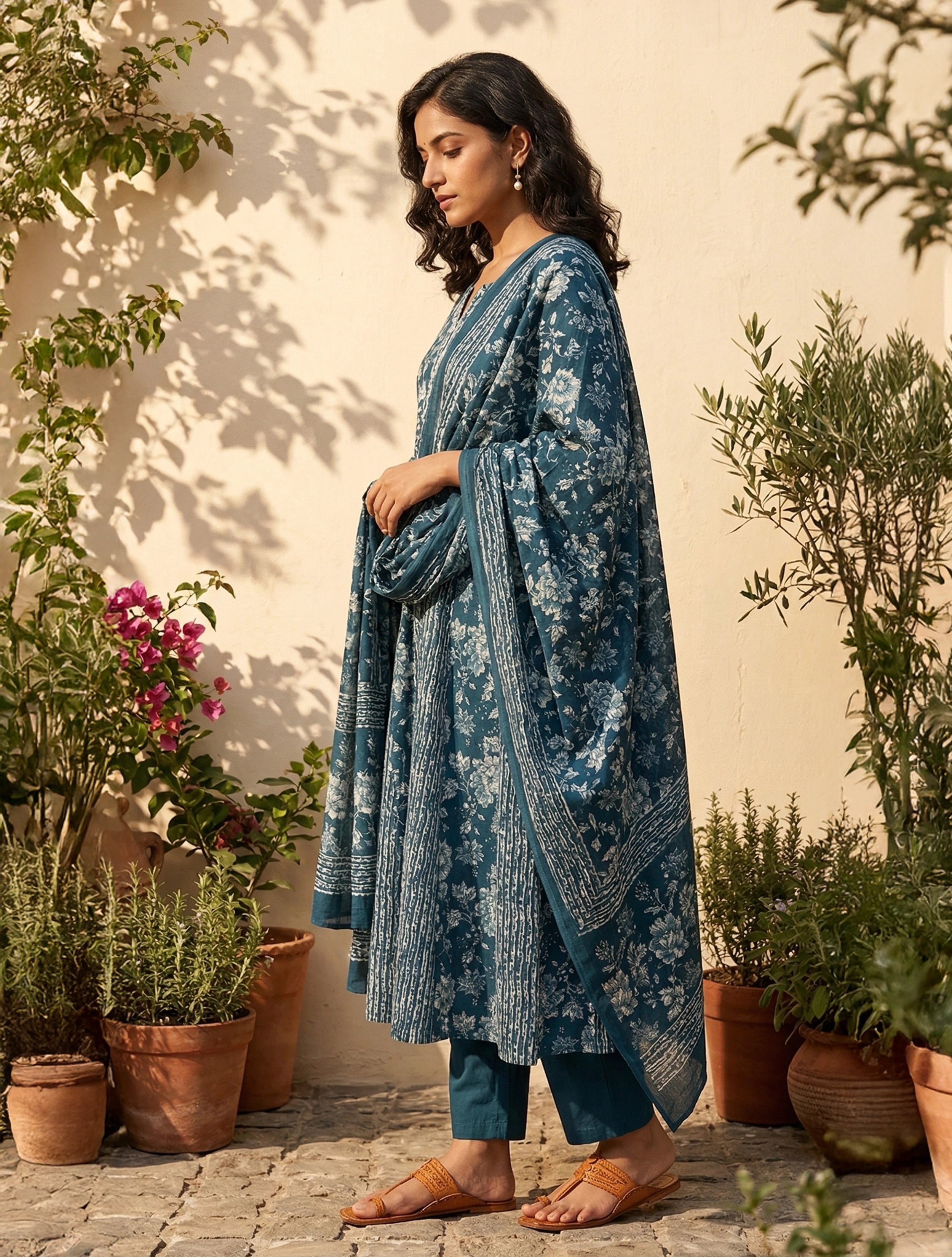 trueBrowns Blue Floral Print Embroidered Anarkali Kurta Pant Dupatta Set