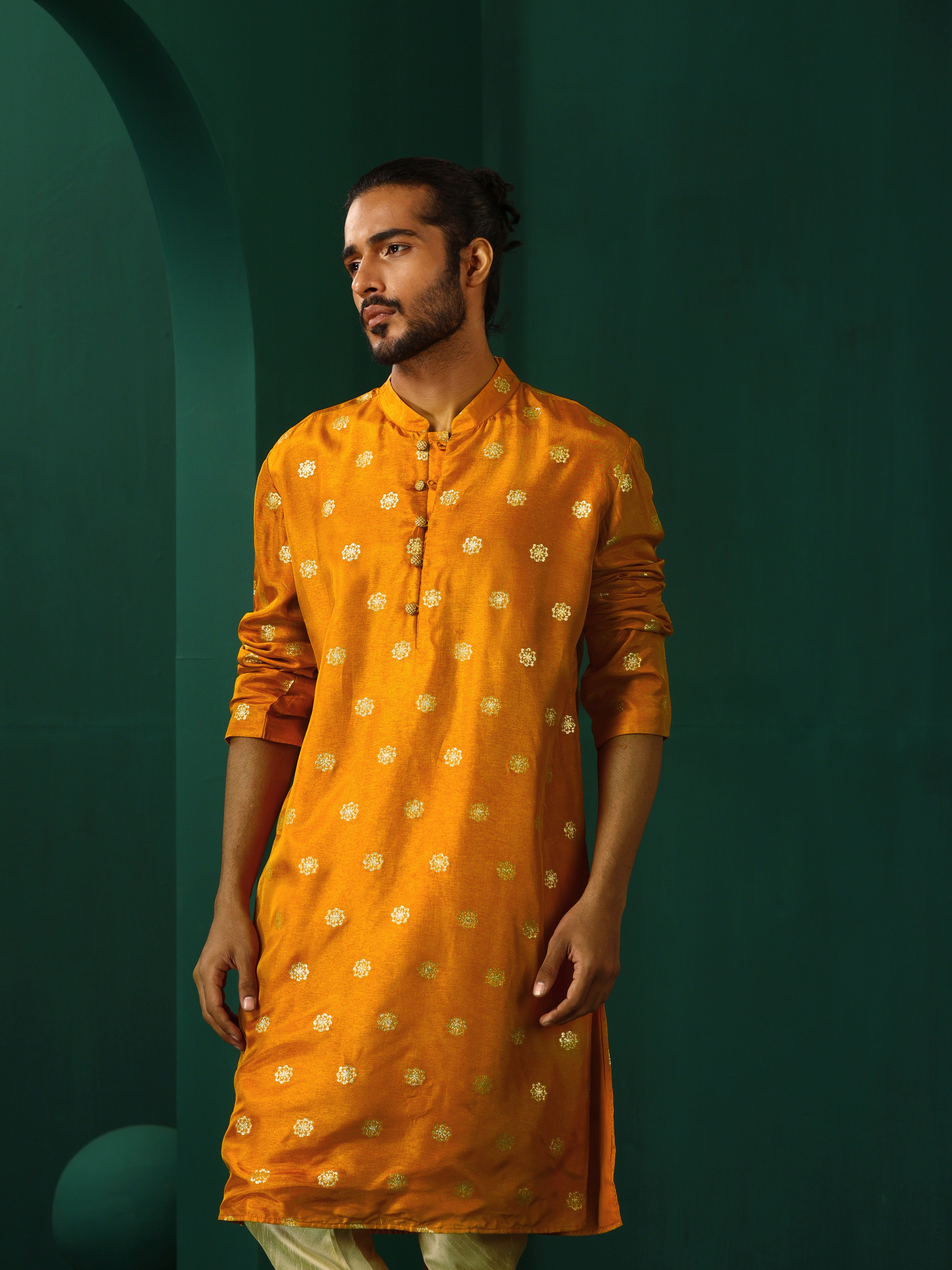 trueBrowns Men Mustard Geometric Floral Viscose Silk Long Kurta